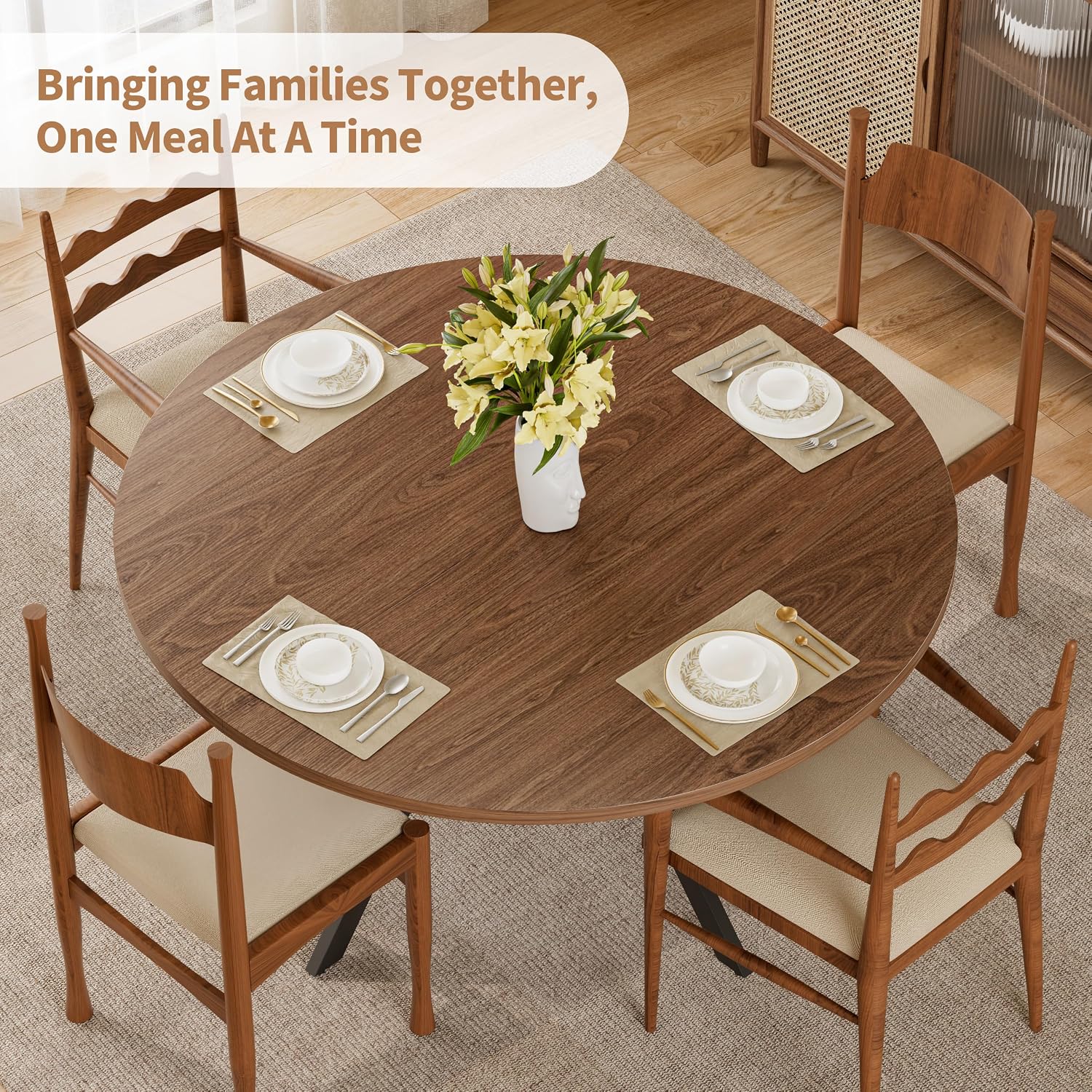 42" Round Dining Table For 4, Farmhouse Kitchen Table With Storage, Space Saving Circle Dinner Table, Rustic Wood Kitchen & Dining Room Tables With Metal Legs For Home, Apartment, Office, Restaurant