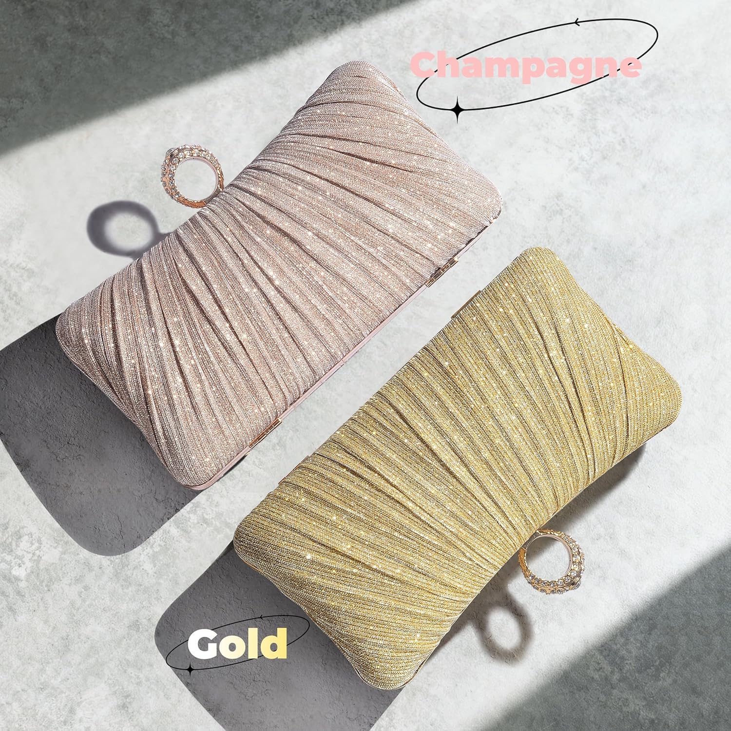 Womens Golden Glitter Clutch Purse Pleated Evening Bag for Bridal Wedding Party with Rhinestone Ring