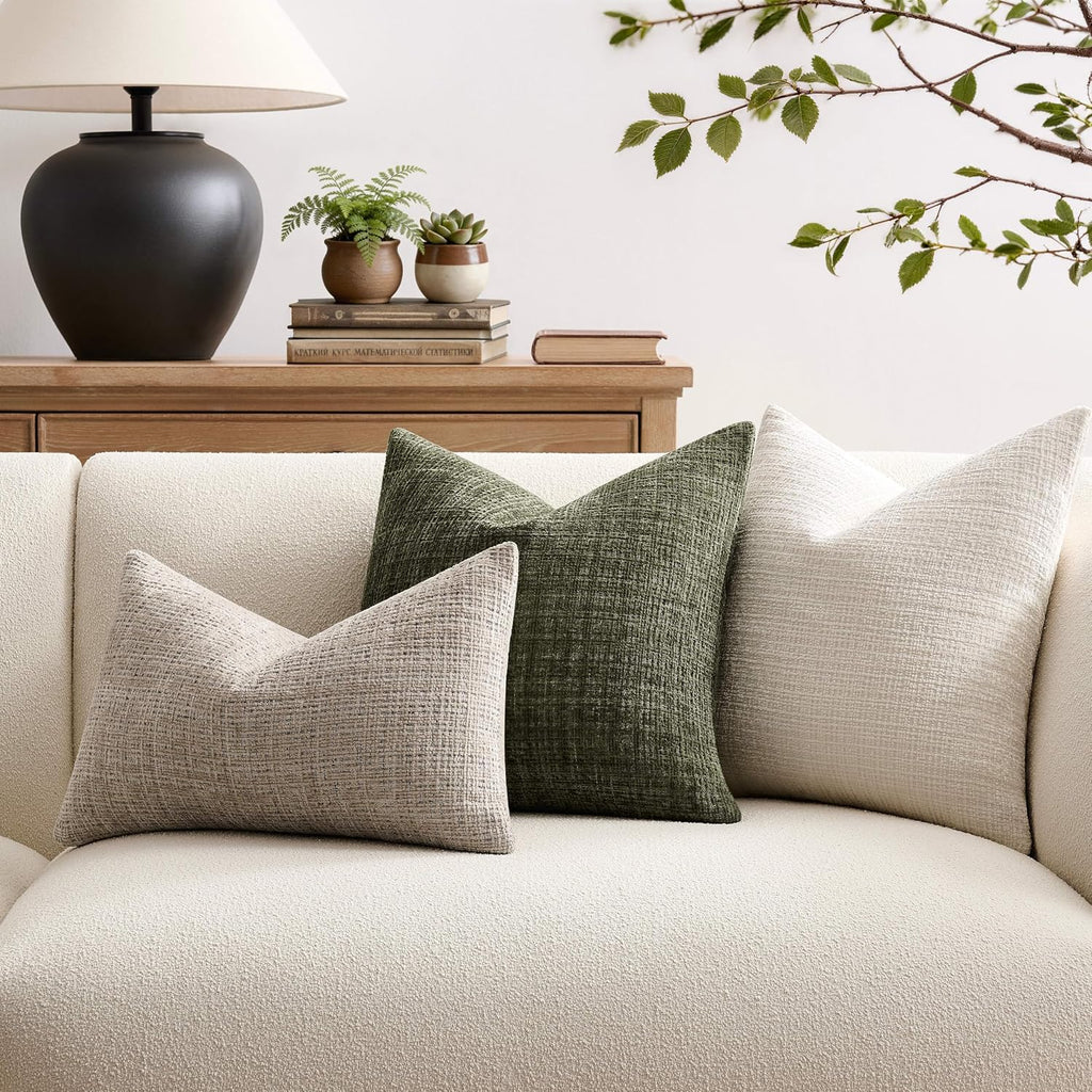Fine-Textured Throw Pillow Covers Set Of 2, 22X22 Inch Latte | Thick Soft Chenille, Decorative Accent Cushion Covers, Modern Farmhouse Pillow Cases For Couch Sofa Bed Living Room Bedroom