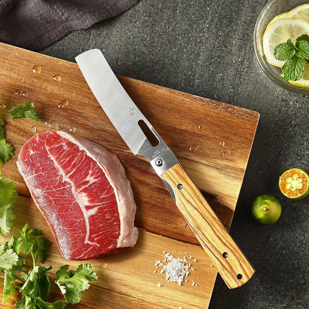 440A Stainless Steel Ultra Sharp Pocket Folding Chef Knife Peeling Utility Knife Fruit Knife Natural Olive Handle Camping Bbq Trip Outdoor Portable Kitchen Knife
