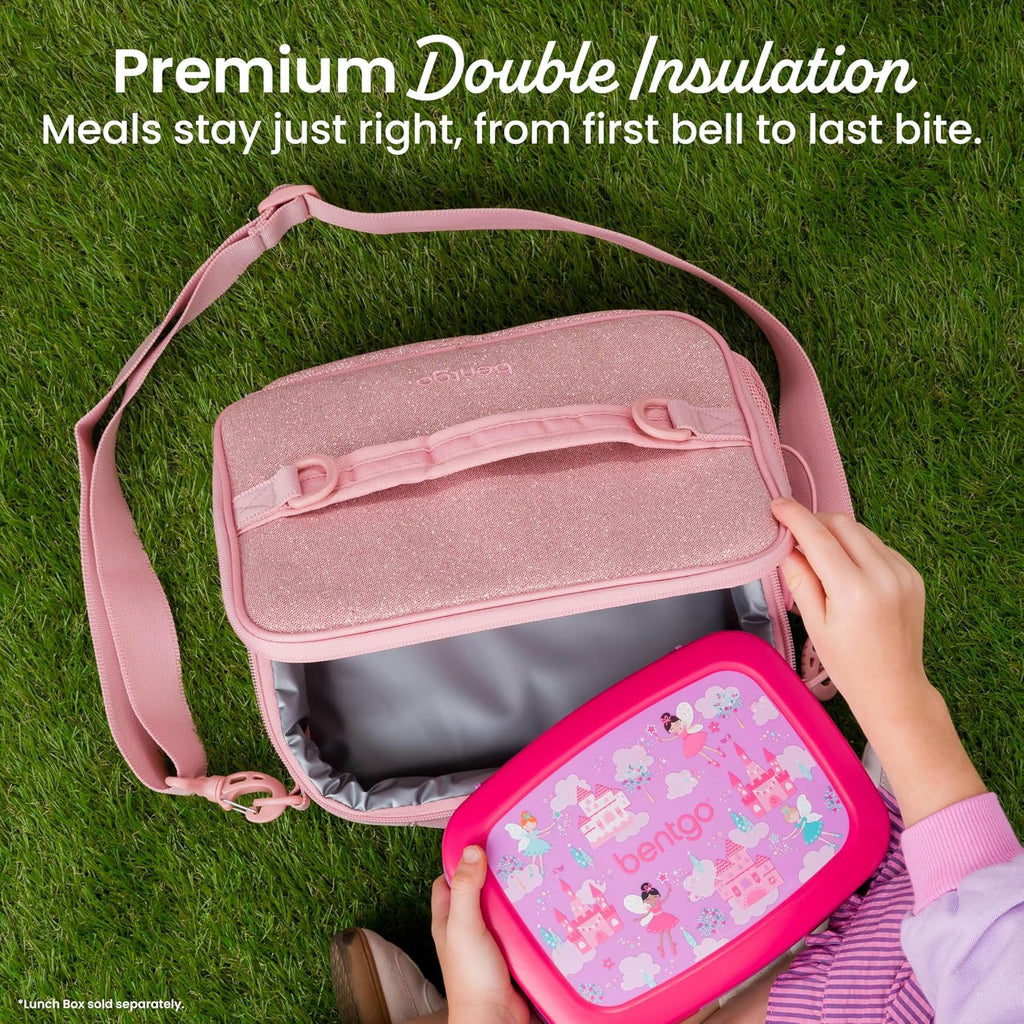 Bentgo Prints Kids Lunch Bag - Double-Insulated, Reusable, For Kids 3+, Adjustable Strap; Holds Kids Lunch Box/Water Bottle; Easy-Clean, Water-Resistant, Pockets (Glitter - Petal Pink)