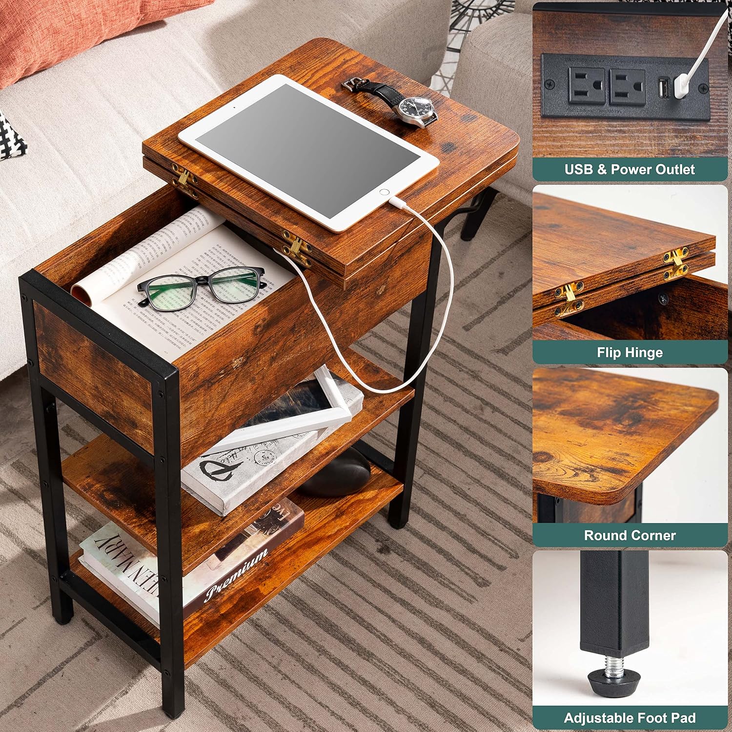 Yoobure End Table With Charging Station, Flip Top Side Table With Usb Ports And Outlets, Sofa Couch Table Bedside Table For Living Room Bedroom, Narrow Nightstand With Storage Shelves For Small Space