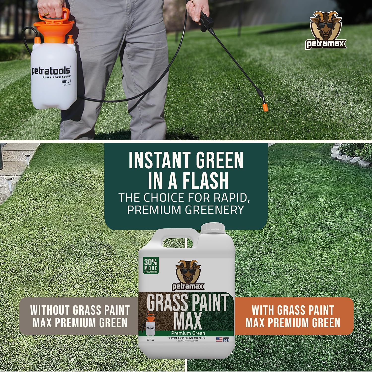 Petramax Green Grass Paint For Lawn Dye - Maintain Turf Or Green Grass, Spray Paint For Lawn & Shrubs Easy Spray, Pairs W/Petra Sprayer - Touch Up Dog Spots - Pet Safe (Premium, 32 Oz)
