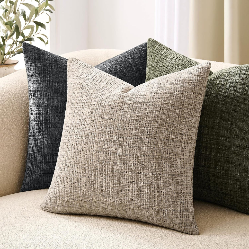 Fine-Textured Throw Pillow Covers Set Of 2, 22X22 Inch Latte | Thick Soft Chenille, Decorative Accent Cushion Covers, Modern Farmhouse Pillow Cases For Couch Sofa Bed Living Room Bedroom