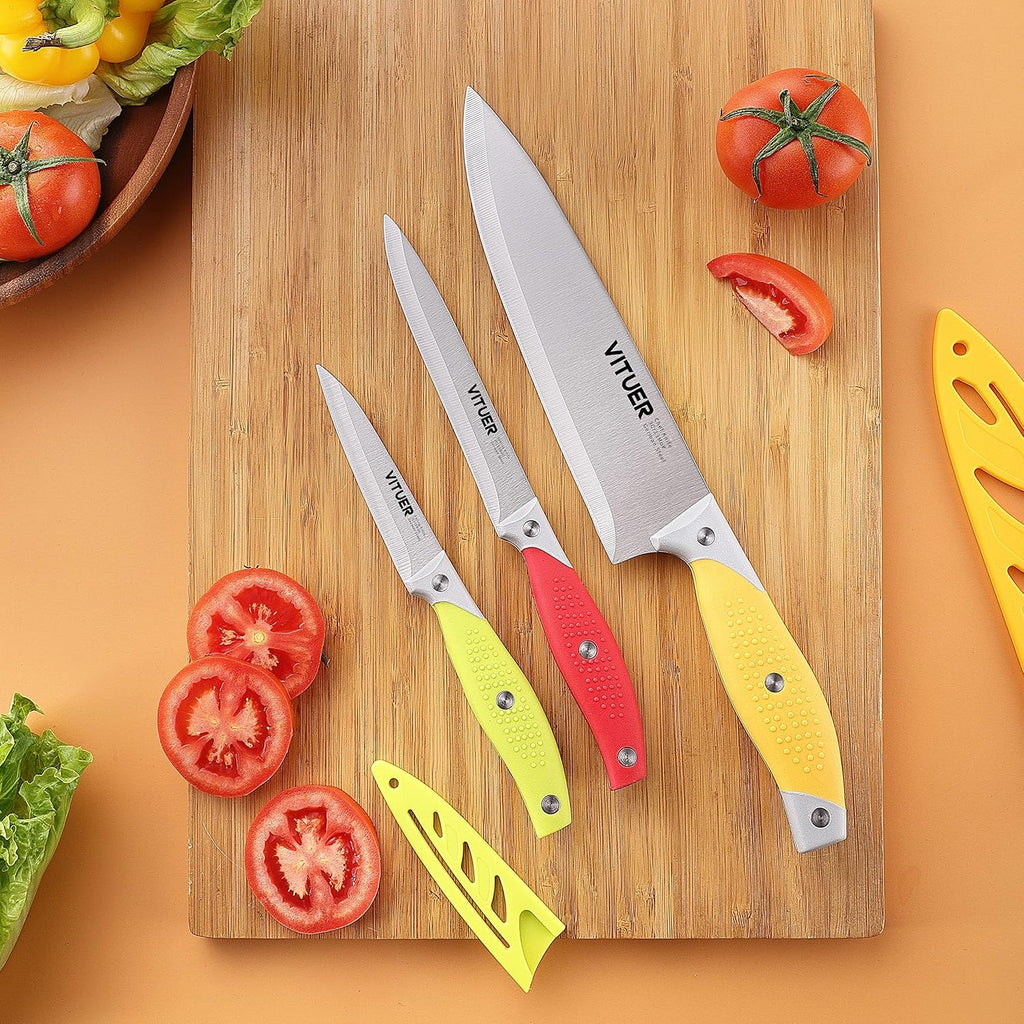 Vituer Chef Knife, 3Pcs Kitchen Knife, Multicolor Stainless Steel Sharp Chef Knife Set (3Pack, Yellow, Red, Green)