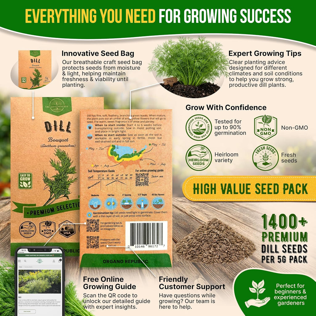 Dill Bouquet Seeds Pack 5 G - Over 1,400 Non-Gmo Heirloom Dill Seeds For Planting Herbs In Individual Seed Packet, Herbs Seeds For Planting Home Garden Indoor & Outdoor Gardening