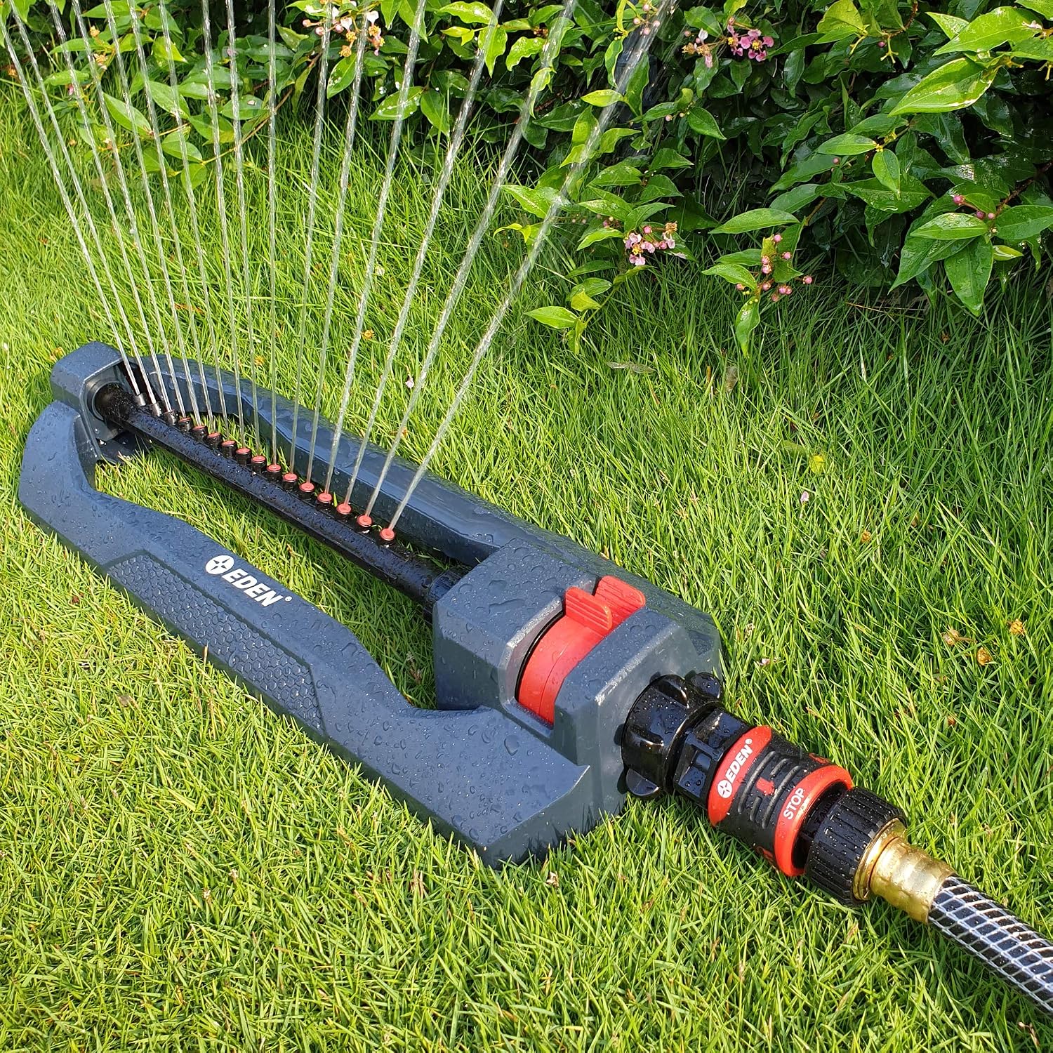 Eden 96213Edamz Weighted Essential Oscillating Sprinkler | Covers Up To 3,600 Sq. Ft., 16 Precision Nozzles, Adjustable Range, Turbo Drive Motor, Quick Connect Bundle, Stainless Steel Filters, Black