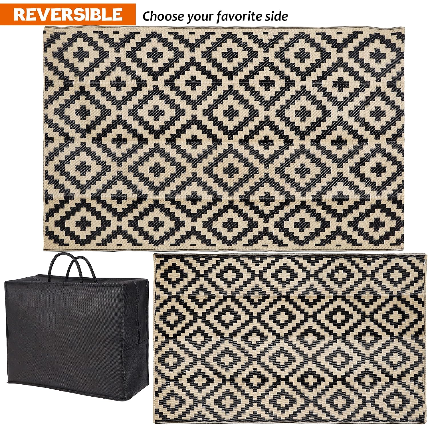 Waterproof Outdoor Rug 5X8 Ft, Plastic Reversible Rug, Modern Area Rug, Large Floor Mat For Outdoors, Rv, Patio, Backyard, Deck, Picnic, Beach, Camping, Black & Beige