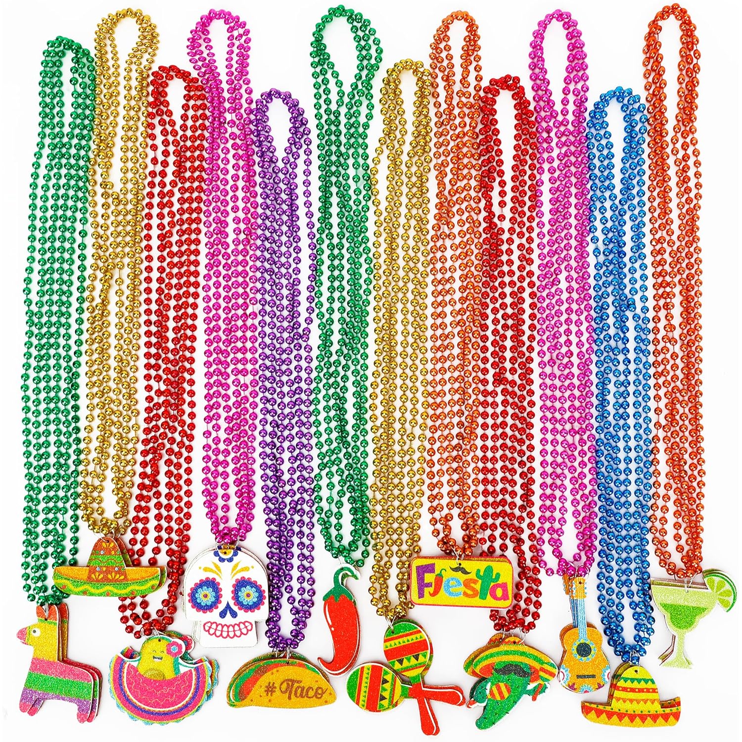 36PCS Cinco de Mayo Party Favors, Fiesta Bead Necklace Decorations, 12 Kinds of Metallic Fiesta Mexican Necklace Party Supplies, Fiesta Cactus Pinata Maracas Accessories for Cinco de Mayo Party Favors