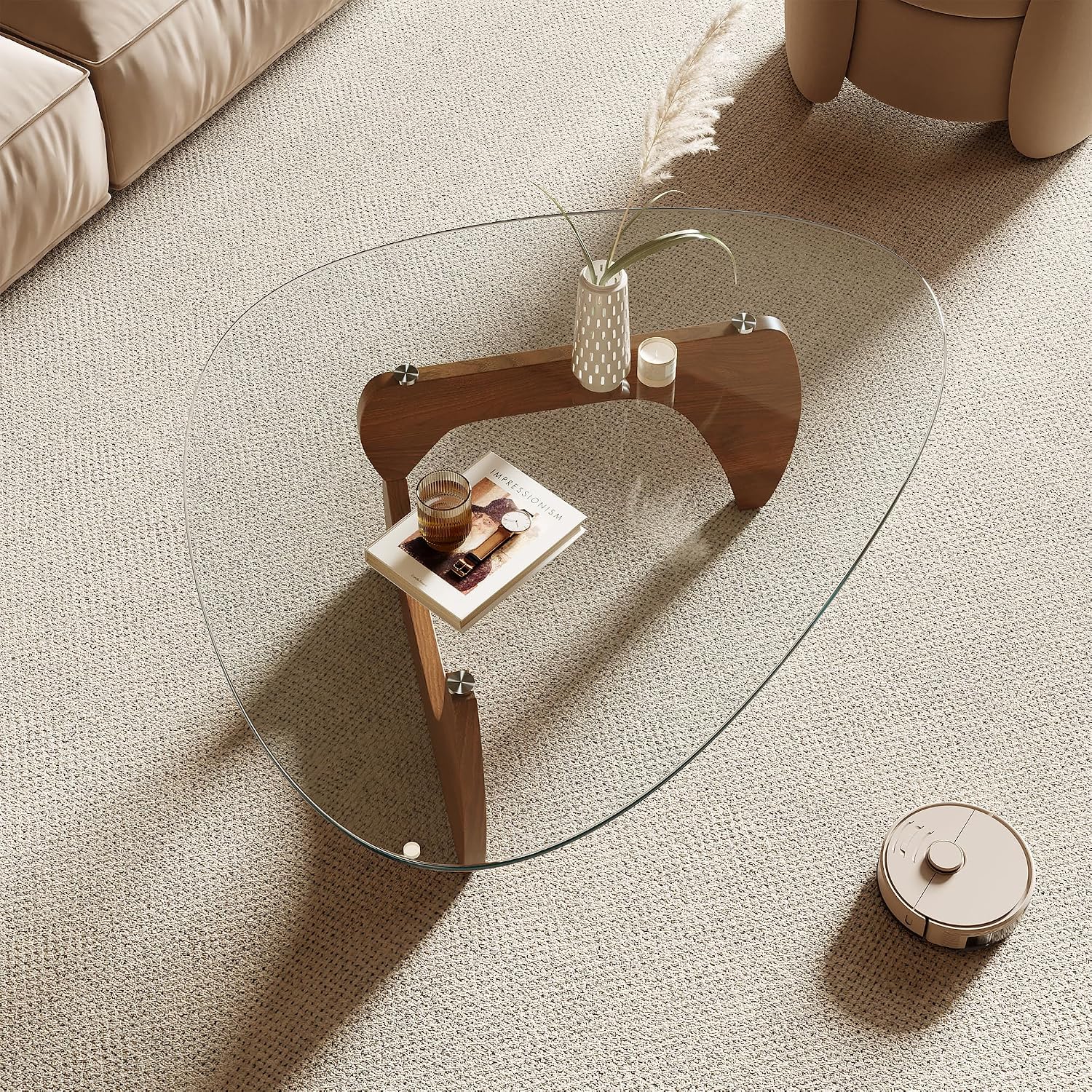 Morden Coffee Table, 42.5" X 28.5" X 16.1" Triangle Tempered Glass Top For Living Room, Color: Natural Wood