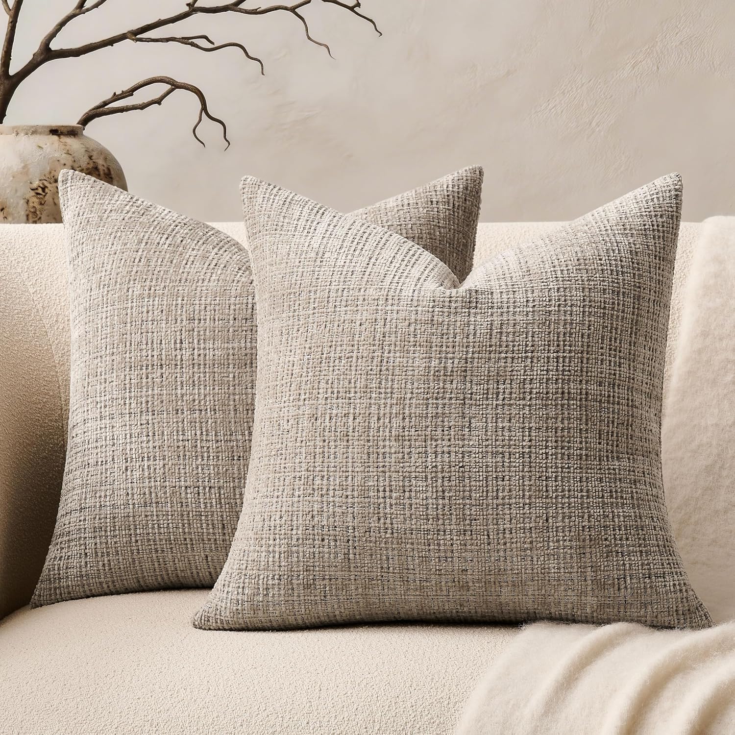 Fine-Textured Throw Pillow Covers Set Of 2, 22X22 Inch Latte | Thick Soft Chenille, Decorative Accent Cushion Covers, Modern Farmhouse Pillow Cases For Couch Sofa Bed Living Room Bedroom