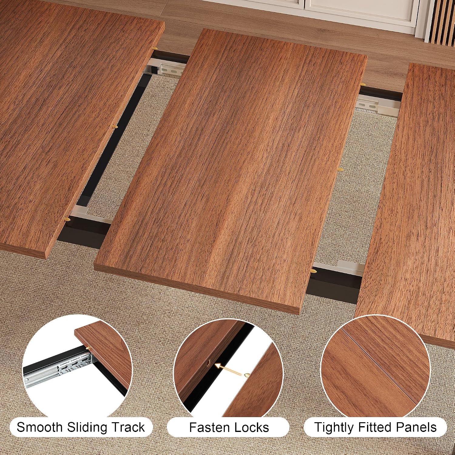 Extendable Dining Table For 4-6, 63" Modern Kitchen Table, Farmhouse Dining Room Tables For Dining, Kitchen, Office, Living Room, Rectangular Wooden Tables, Space Saving (Walnut)