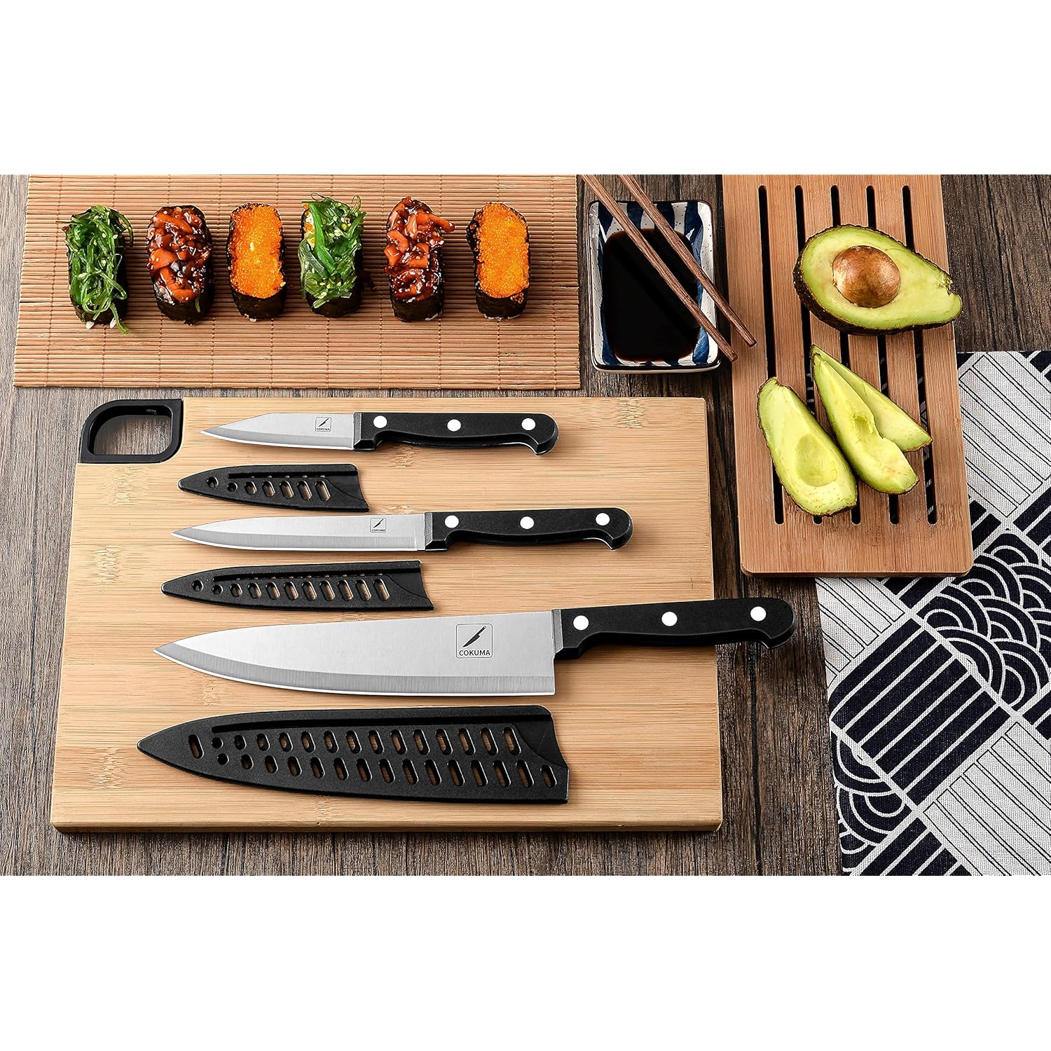 COKUMA Kitchen Knife, 3-Pcs Knife Set With Sheath, 8 Inch Chef Knife, 4.5 Inch Utility Knife, 4 Inch Paring Chef Knife, Stainless Steel, Black