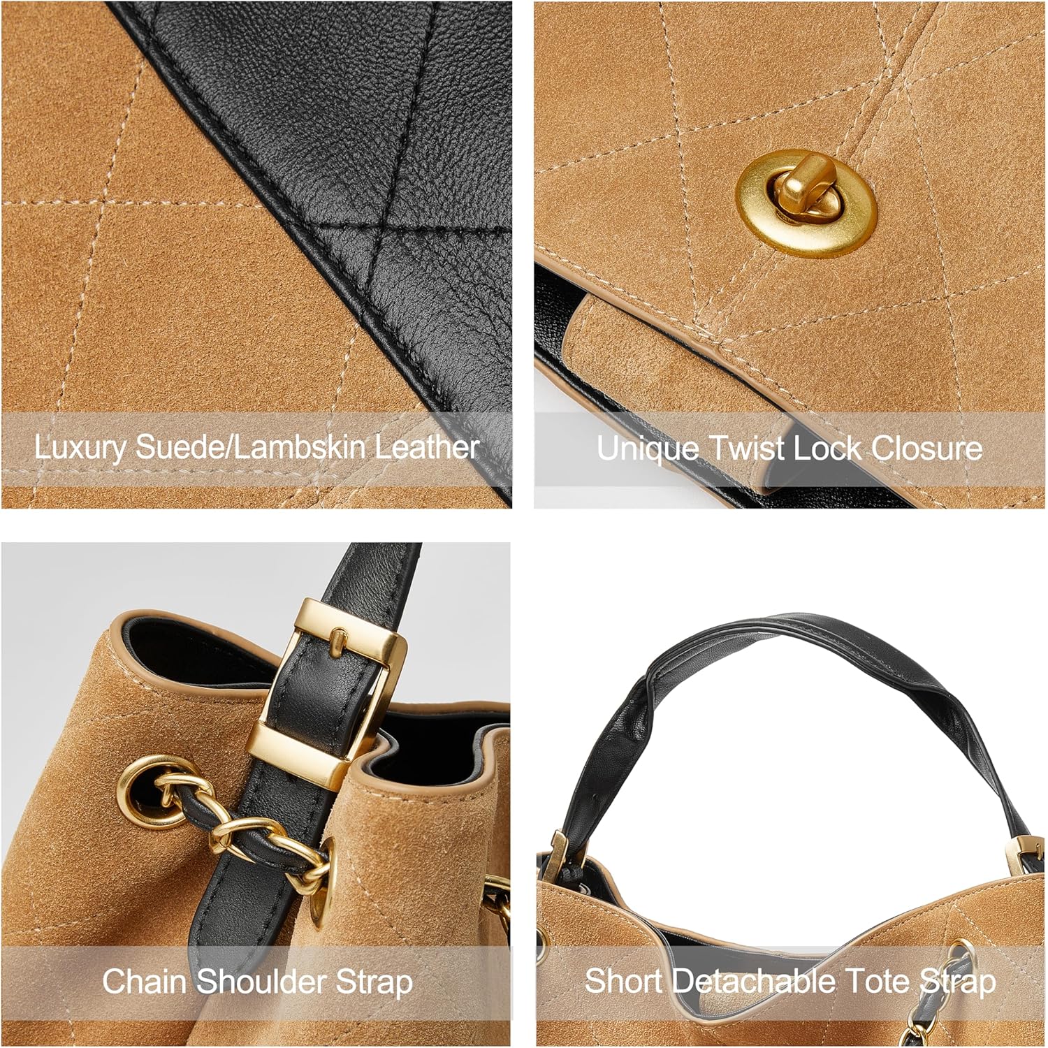 DORIS&JACKY Designer Satchel Tote Purse, Women Soft Lambskin Top Handle Shoulder Bag with Twist Lock Closure and Chain Strap
