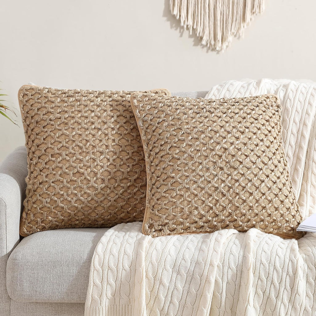 Boho Living Jada Decorative Throw, Includes Accent Insert, Premium Woven Design, Living Room Décor, (2) 20" X 20" Pillow Covers, Beige 2 Count