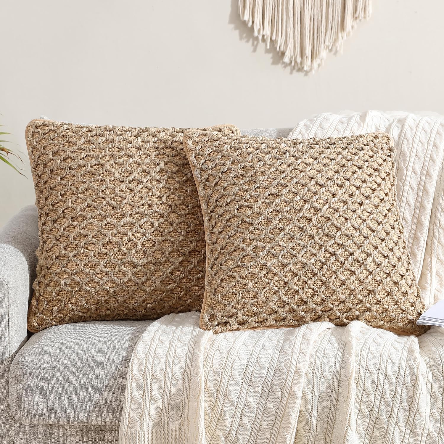 Boho Living Jada Decorative Throw, Includes Accent Insert, Premium Woven Design, Living Room Décor, (2) 20" X 20" Pillow Covers, Beige 2 Count