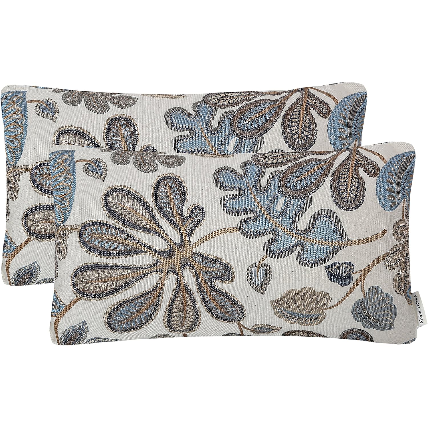 Set Of 2 Jacquard Tropical Leaf Pattern Oblong Throw Pillow Covers Accent Pillowcase 12X20 Inches,Blue Cream