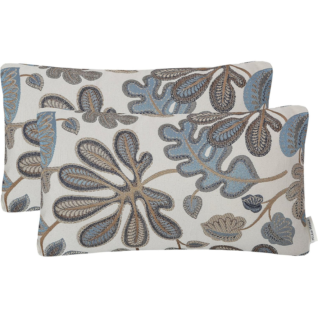 Set Of 2 Jacquard Tropical Leaf Pattern Oblong Throw Pillow Covers Accent Pillowcase 12X20 Inches,Blue Cream