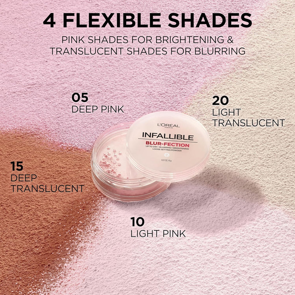 L'Oreal Paris Infallible Blur-Fection Longwear Loose Setting Powder, Blurring Face Powder With Up To 24Hrs Of Wear, Brightening Light Pink, 1 Kit