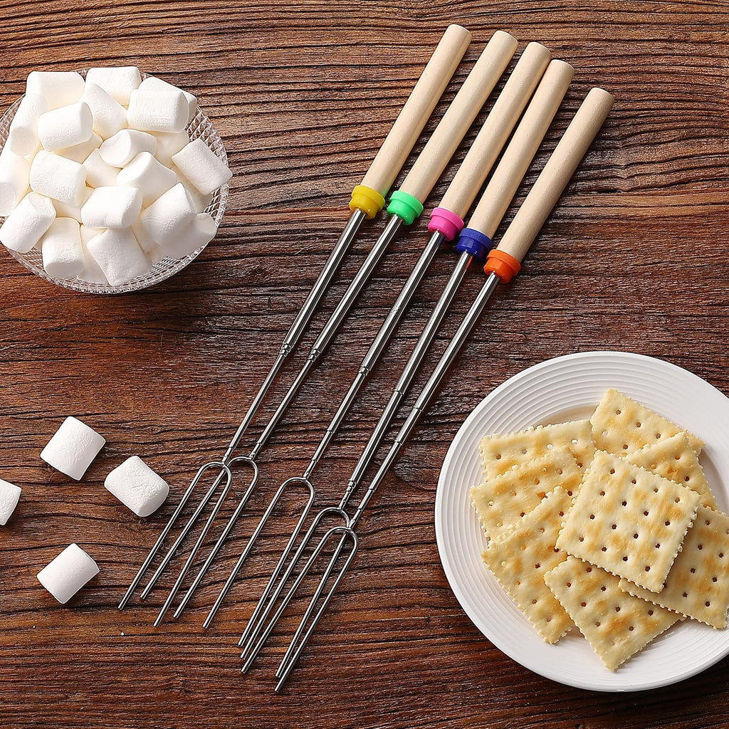 Unco- Marshmallow Roasting Sticks, 32”, 5 Pack, Dark Brown | Wooden Handle, Extendable Stainless Steel Smores Sticks For Fire Pit, Smores Skewers, Campfire Cooking Equipment