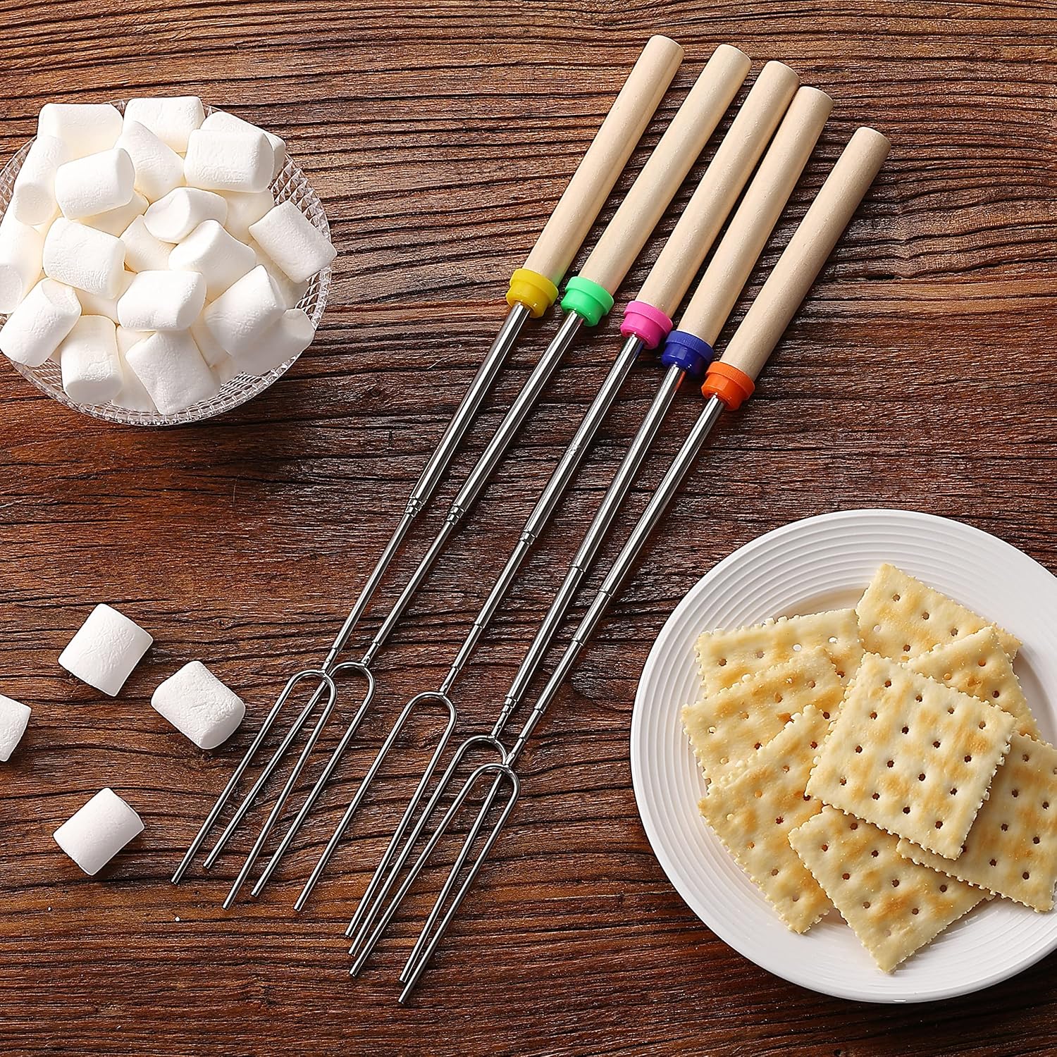 Unco- Marshmallow Roasting Sticks, 32”, 5 Pack, Dark Brown | Wooden Handle, Extendable Stainless Steel Smores Sticks For Fire Pit, Smores Skewers, Campfire Cooking Equipment