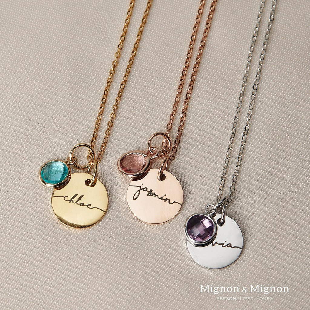 MignonandMignon Personalized Name Necklace with Birthstone | Custom Engraved Pendant Necklace for Women | Tarnish-Free Gold Dainty Jewelry Mom Birthday Gifts | Necklace with Kids Names for Grandma