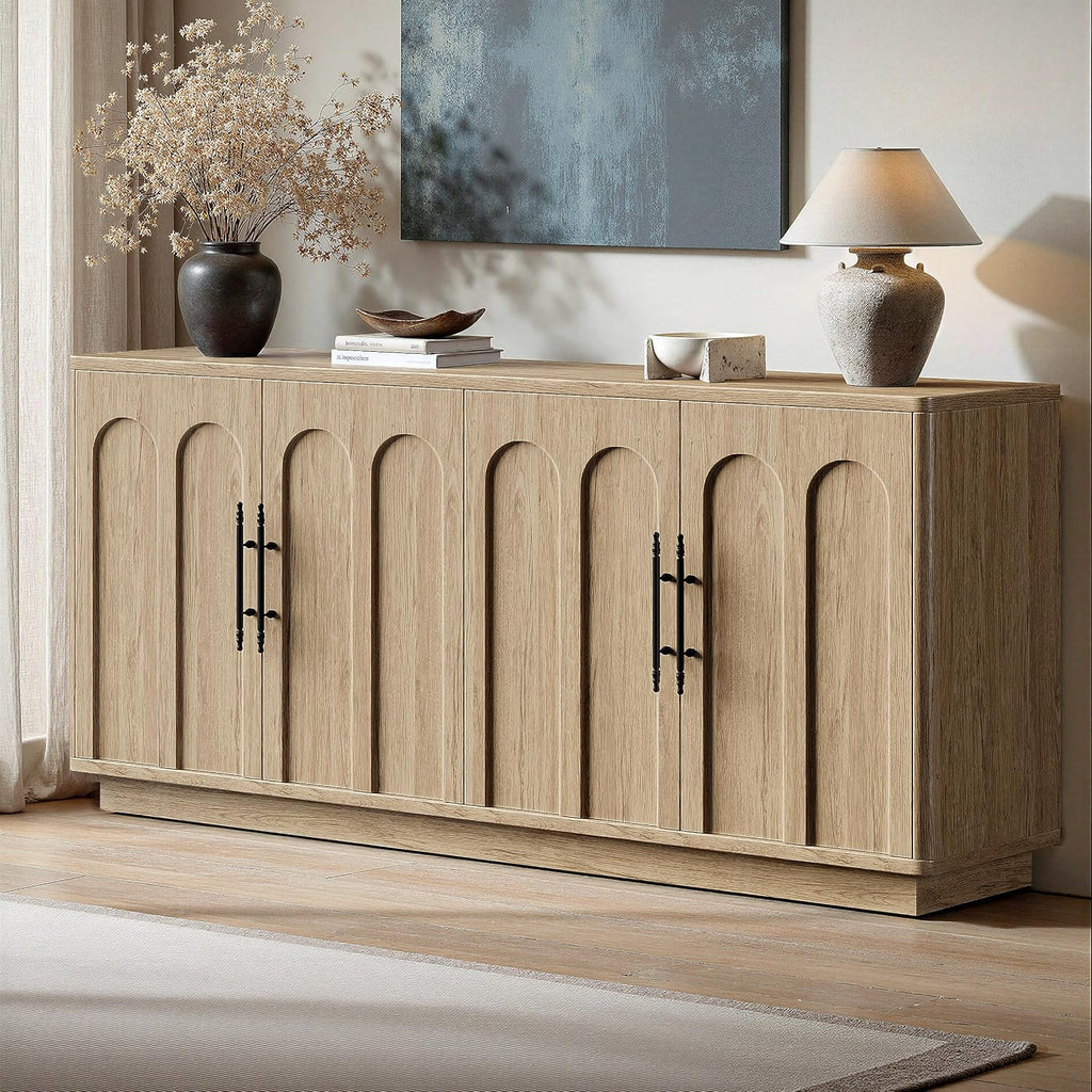 Evermagin 67" Arched Oak Buffet Cabinet With Storage, Large Credenza With 4 Doors, Wood Mid Century Modern Sideboard For Kitchen And Living Room (67"*31.5"*15.7")