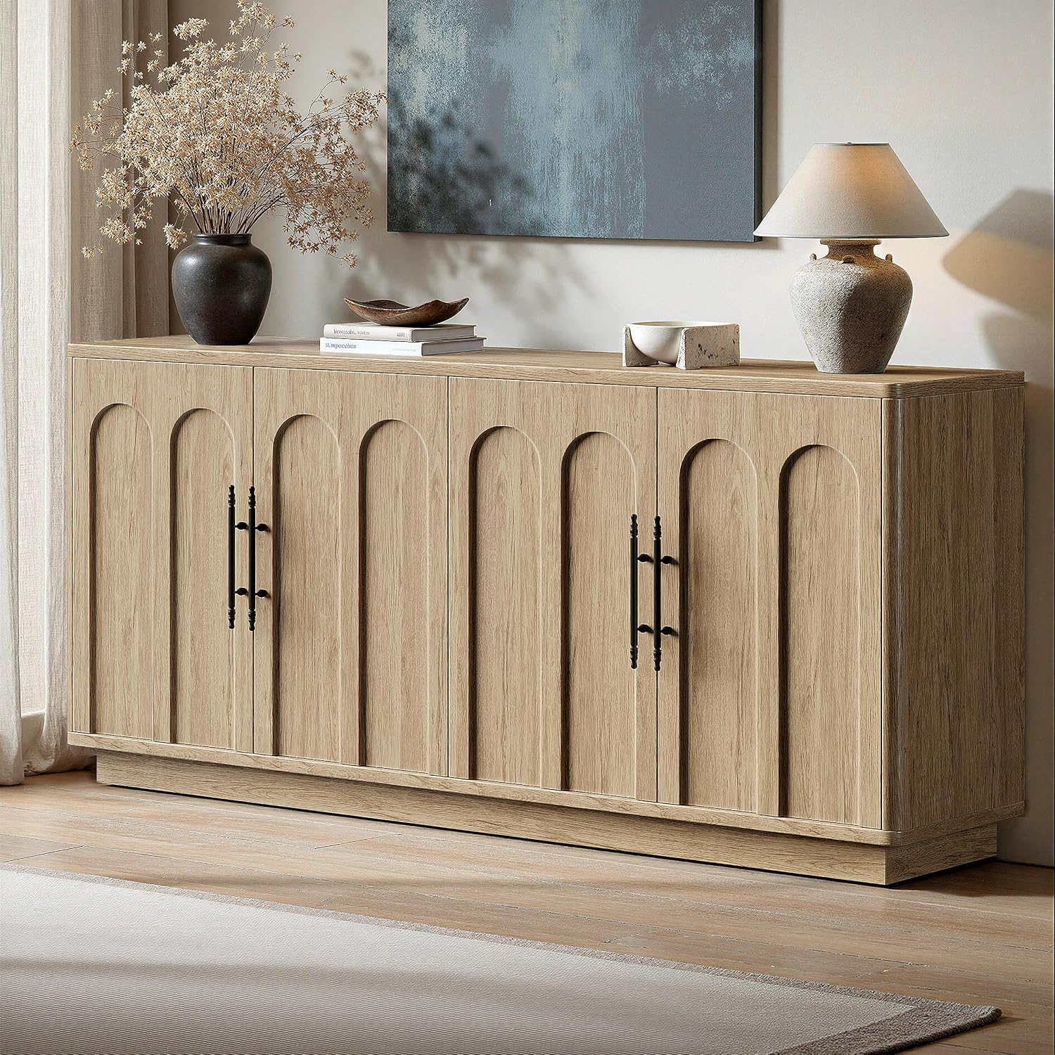 Evermagin 67" Arched Oak Buffet Cabinet With Storage, Large Credenza With 4 Doors, Wood Mid Century Modern Sideboard For Kitchen And Living Room (67"*31.5"*15.7")