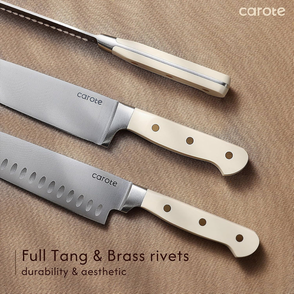 Carote 11 Pieces Knife Set With Block For Kitchen, Stainless Steel Razor-Sharp Blade, Triple Riveted Ergonomic Handle, Wooden Magnetic Block, Essential Knife Block Set, Beige