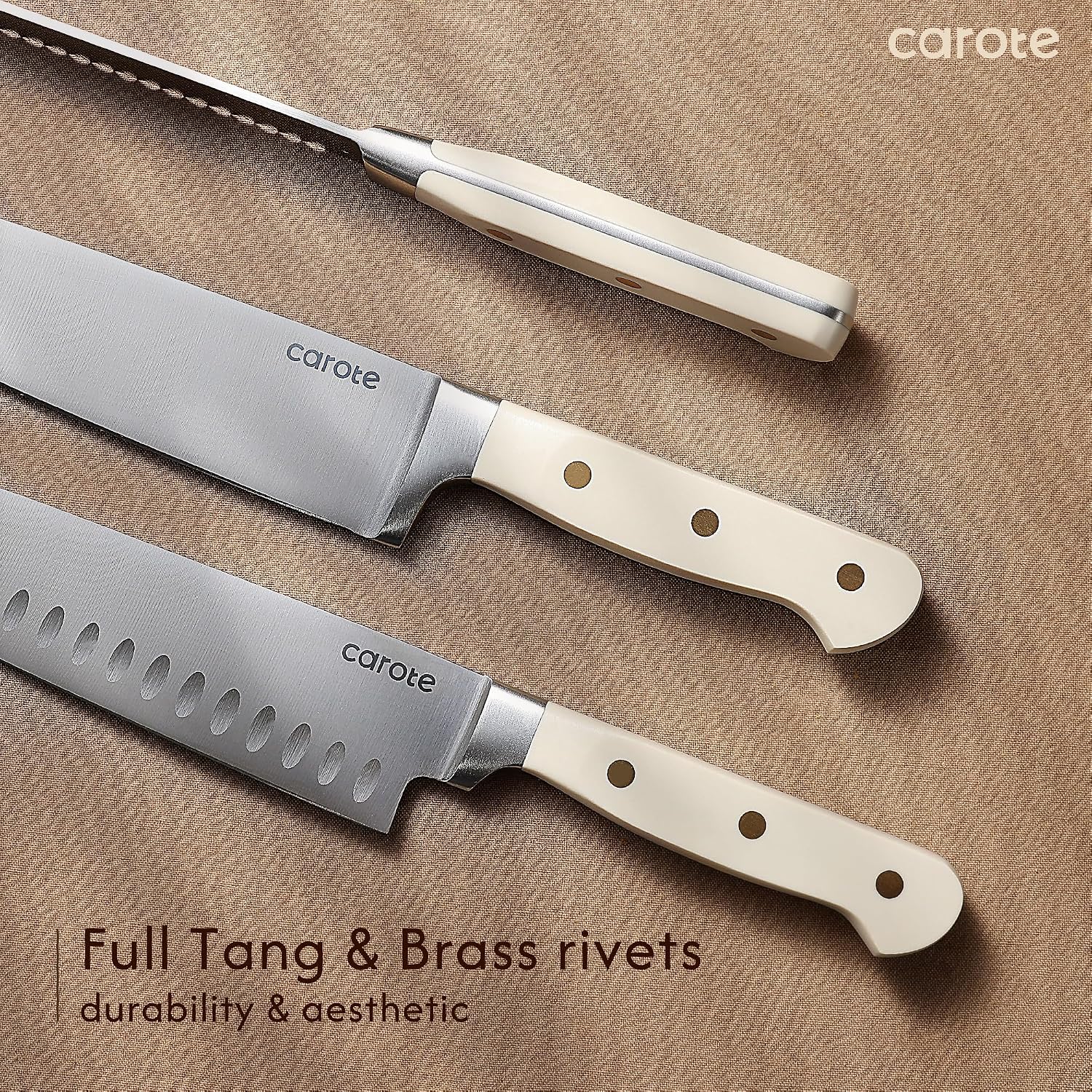 Carote 11 Pieces Knife Set With Block For Kitchen, Stainless Steel Razor-Sharp Blade, Triple Riveted Ergonomic Handle, Wooden Magnetic Block, Essential Knife Block Set, Beige