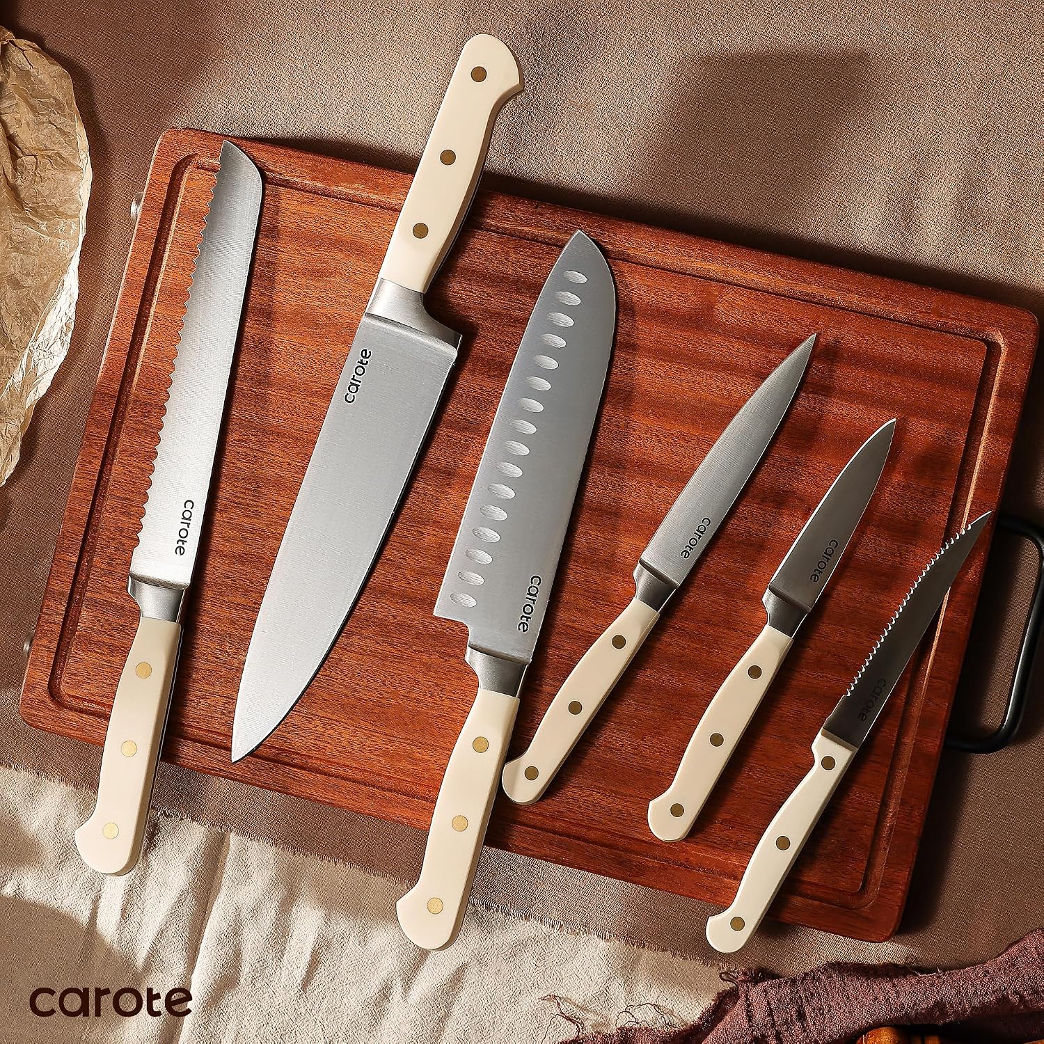 Carote 11 Pieces Knife Set With Block For Kitchen, Stainless Steel Razor-Sharp Blade, Triple Riveted Ergonomic Handle, Wooden Magnetic Block, Essential Knife Block Set, Beige