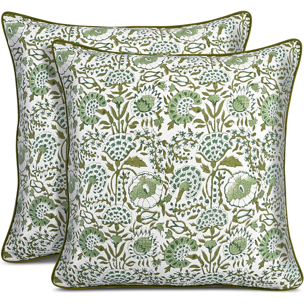 Cpc 100% Cotton Throw Pillow Covers 20X20 Inch, Set Of 2 Green Block Print Pattern Couch Pillow, Cute Boho Decorative Pillows For Living Room, Bedroom With Hidden Zipper- Agate Green