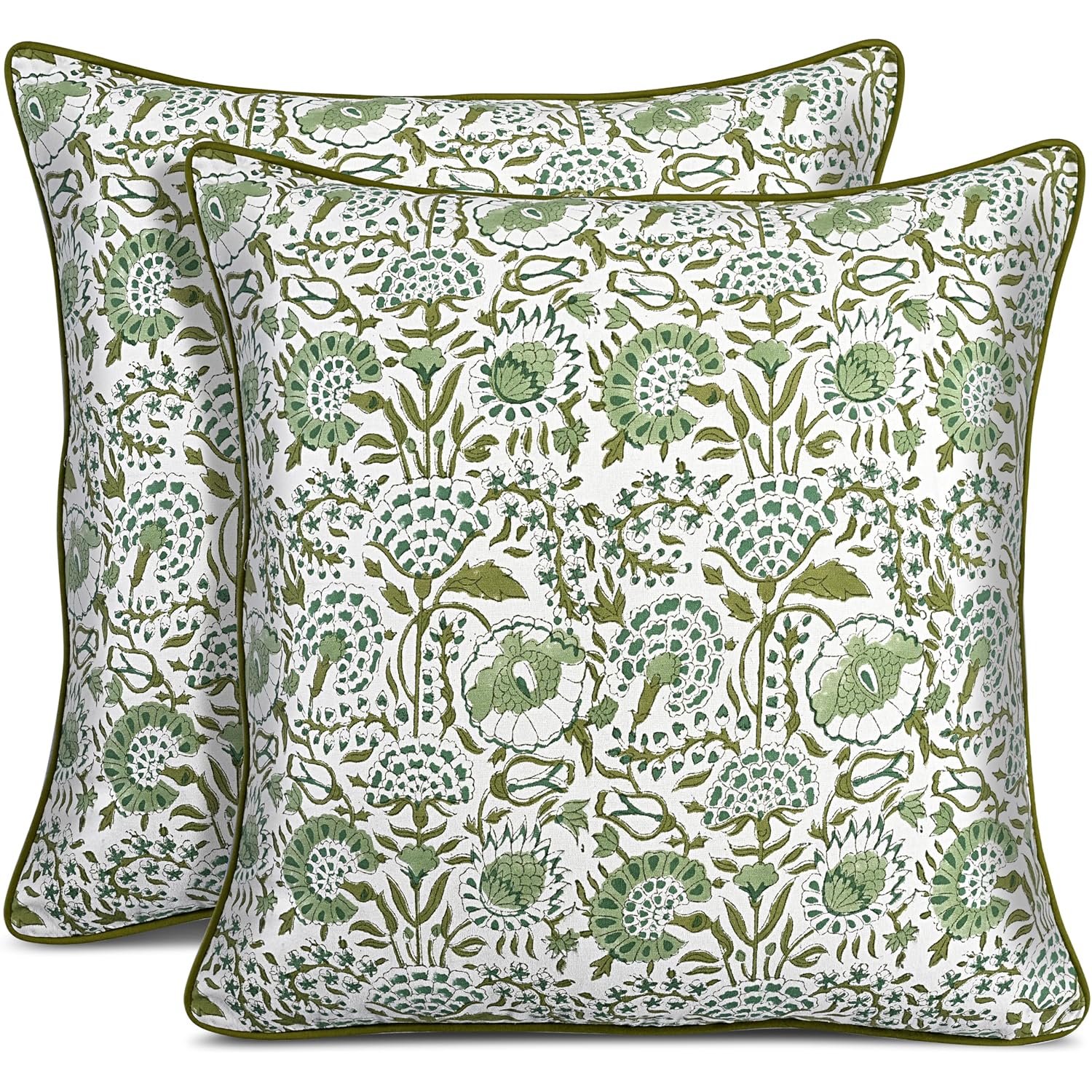 Cpc 100% Cotton Throw Pillow Covers 20X20 Inch, Set Of 2 Green Block Print Pattern Couch Pillow, Cute Boho Decorative Pillows For Living Room, Bedroom With Hidden Zipper- Agate Green