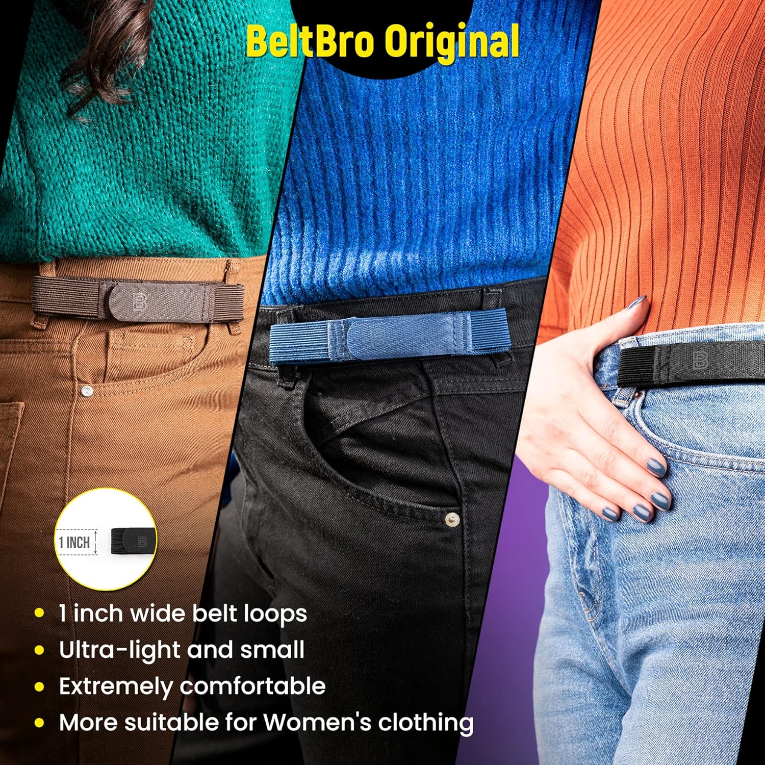 BeltBro For Women No Buckle Elastic Belt — Fits 1 Inch Belt Loops, Easy To Use