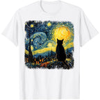 Funny Cat Starry Night Van Gogh Art T Shirts for Cat Lovers Mom Dad Tees