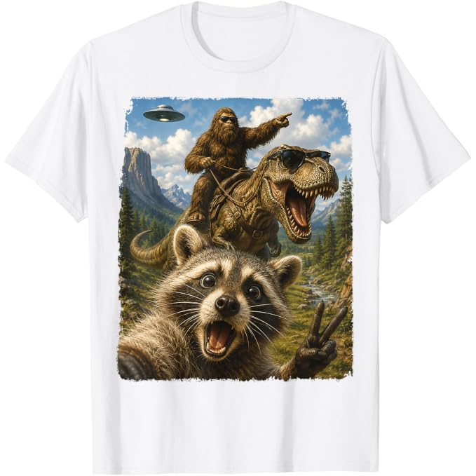 Funny Raccoon Selfie Bigfoot T Rex UFO | Funny T-Shirt