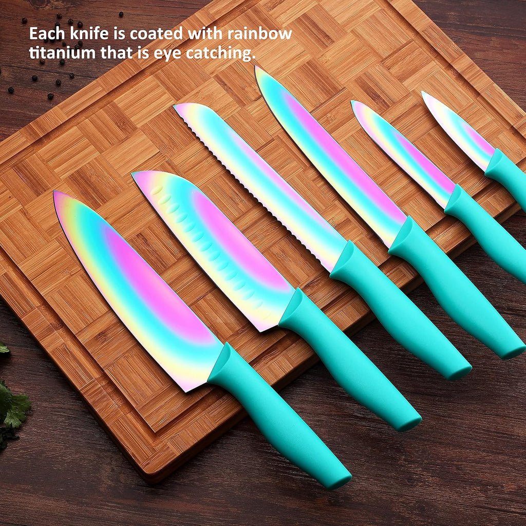Marco Almond Kitchen Knife Set, Kya37 12-Piece Rainbow Titanium Stainless Steel Boxed Knives Set For Kitchen With Covers, 6 Knives With 6 Blade Guards