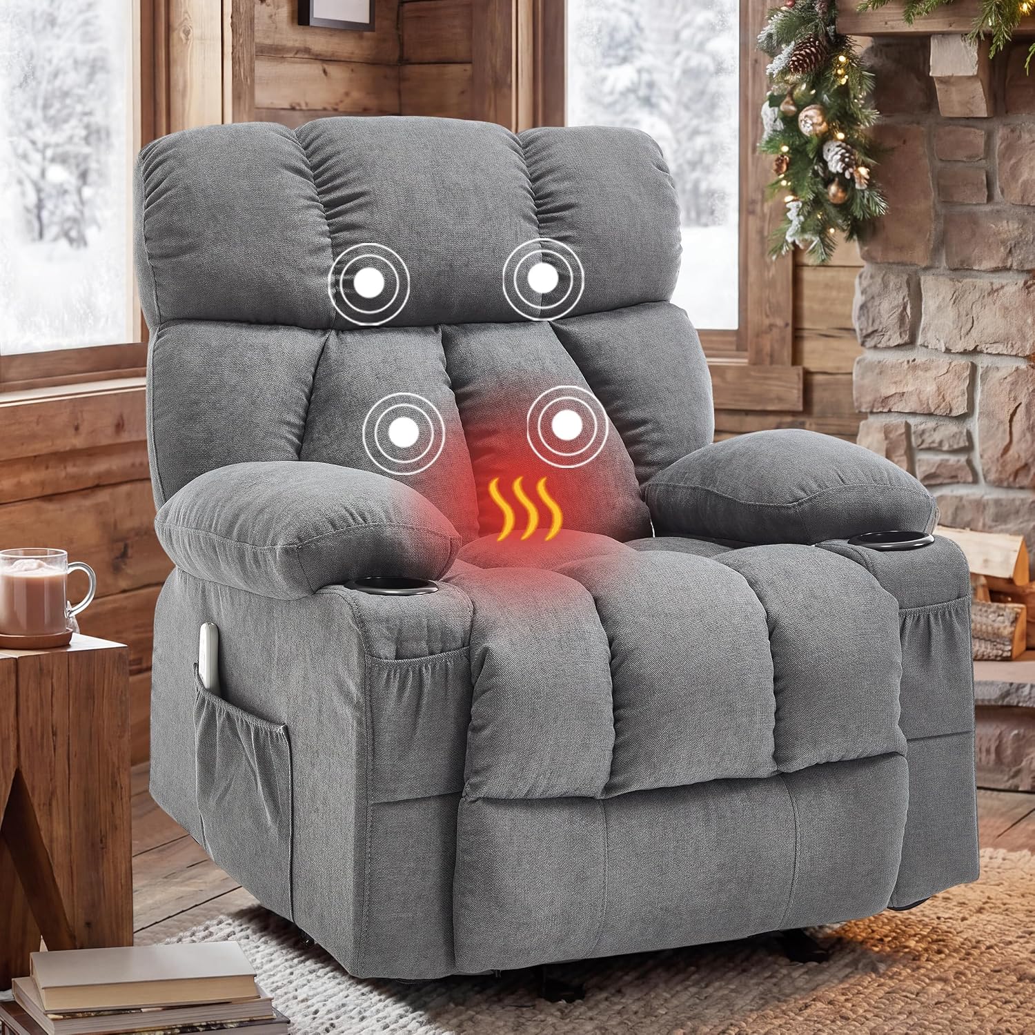 Massage Rocking Recliner Chair, Ergonomic Recliners Sofa With Vibration Massage & Heat, Rocking Chair Nursery Chair For Living Room Lounge With 4 Pockets, 2 Cup Holders, Usb Charge Port, Grey
