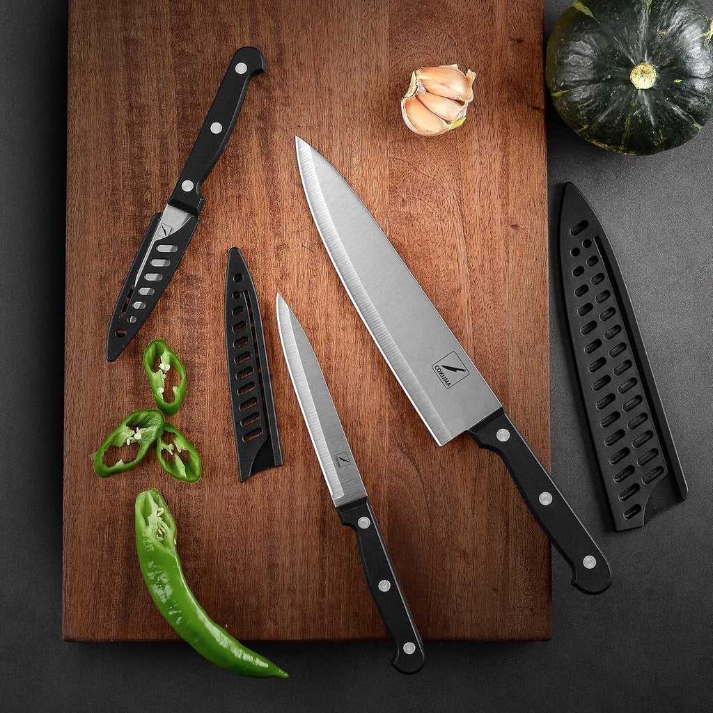 Cokuma Kitchen Knife, 3-Pcs Knife Set With Sheath, 8 Inch Chef Knife, 4.5 Inch Utility Knife, 4 Inch Paring Chef Knife, Stainless Steel, Black