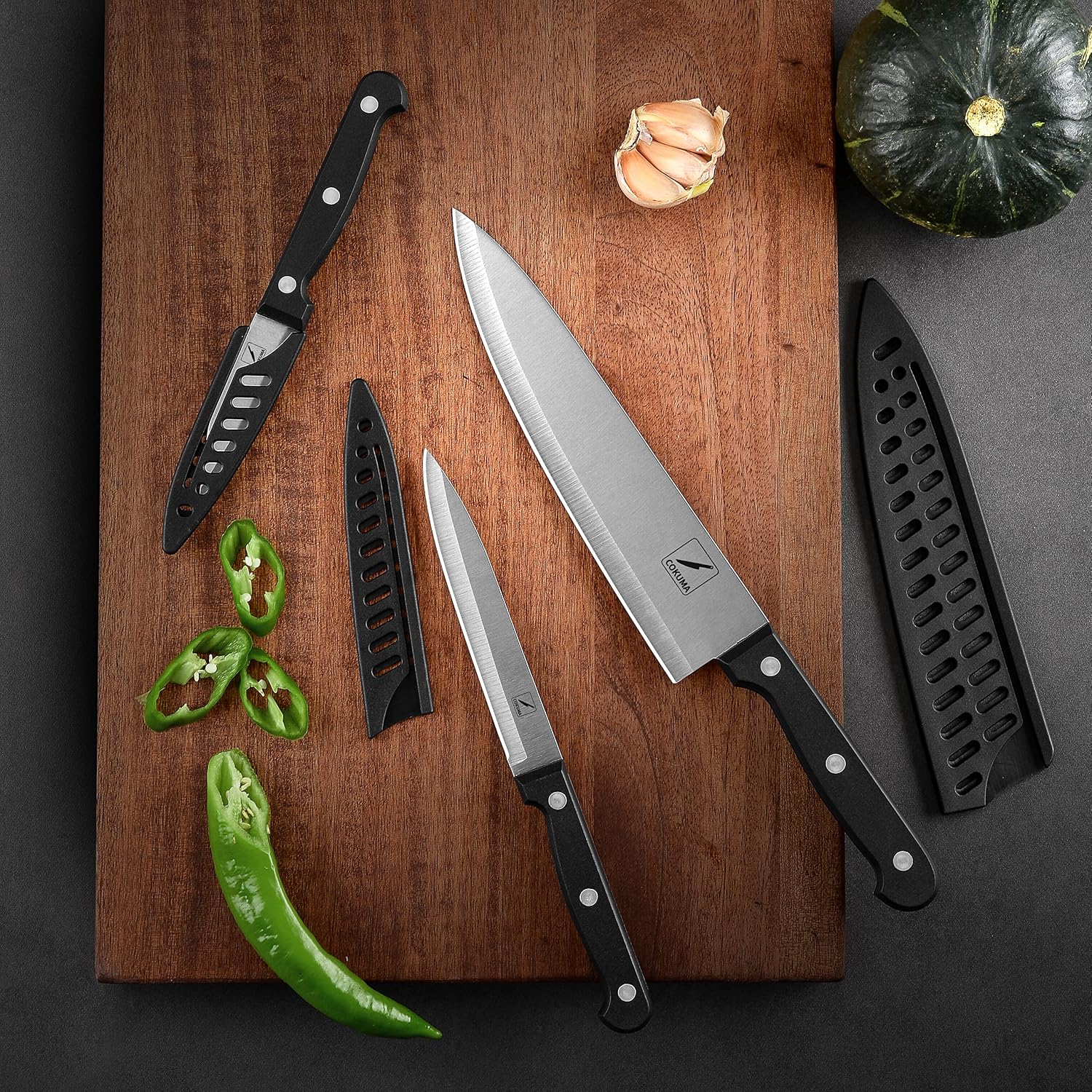 Cokuma Kitchen Knife, 3-Pcs Knife Set With Sheath, 8 Inch Chef Knife, 4.5 Inch Utility Knife, 4 Inch Paring Chef Knife, Stainless Steel, Black