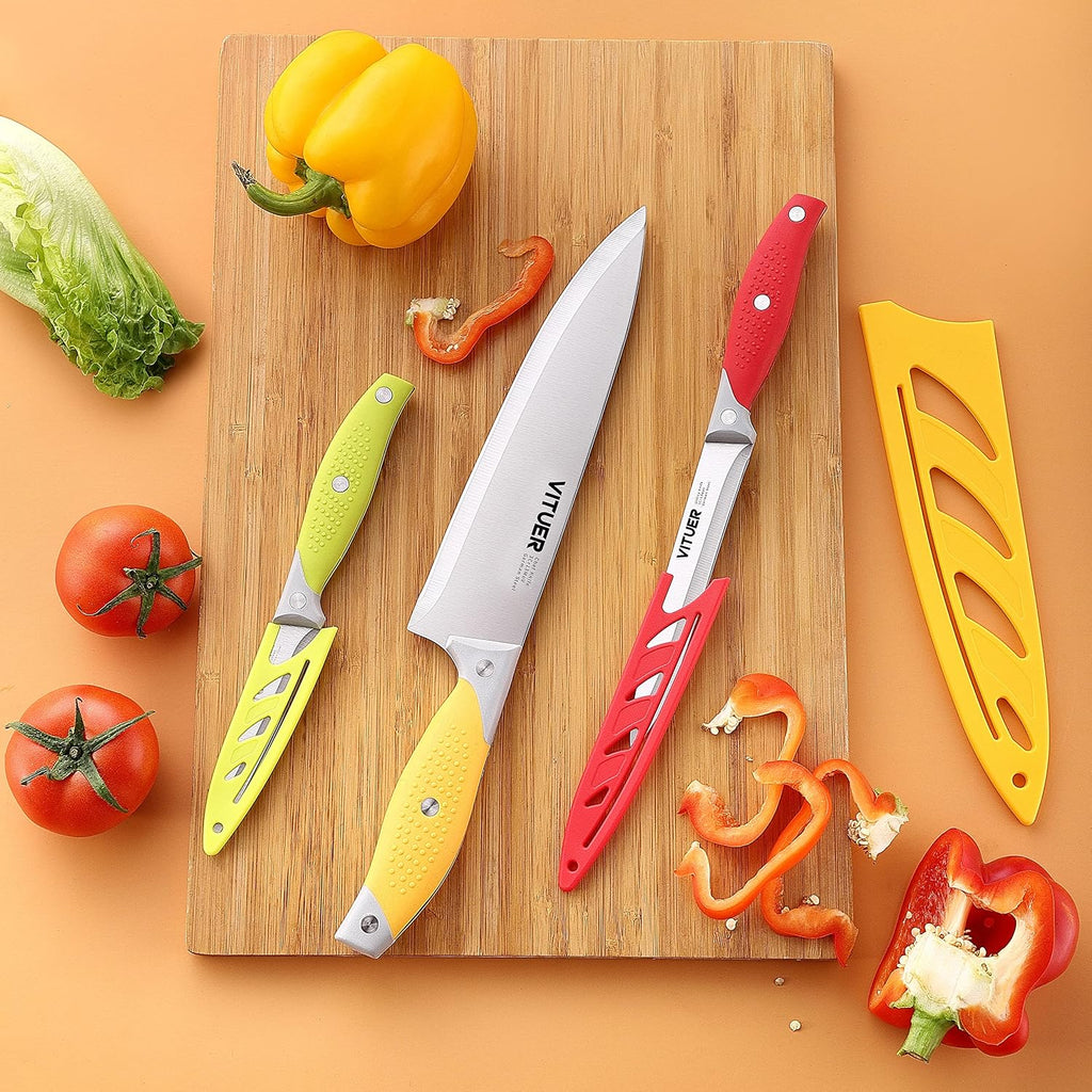 Vituer Chef Knife, 3Pcs Kitchen Knife, Multicolor Stainless Steel Sharp Chef Knife Set (3Pack, Yellow, Red, Green)