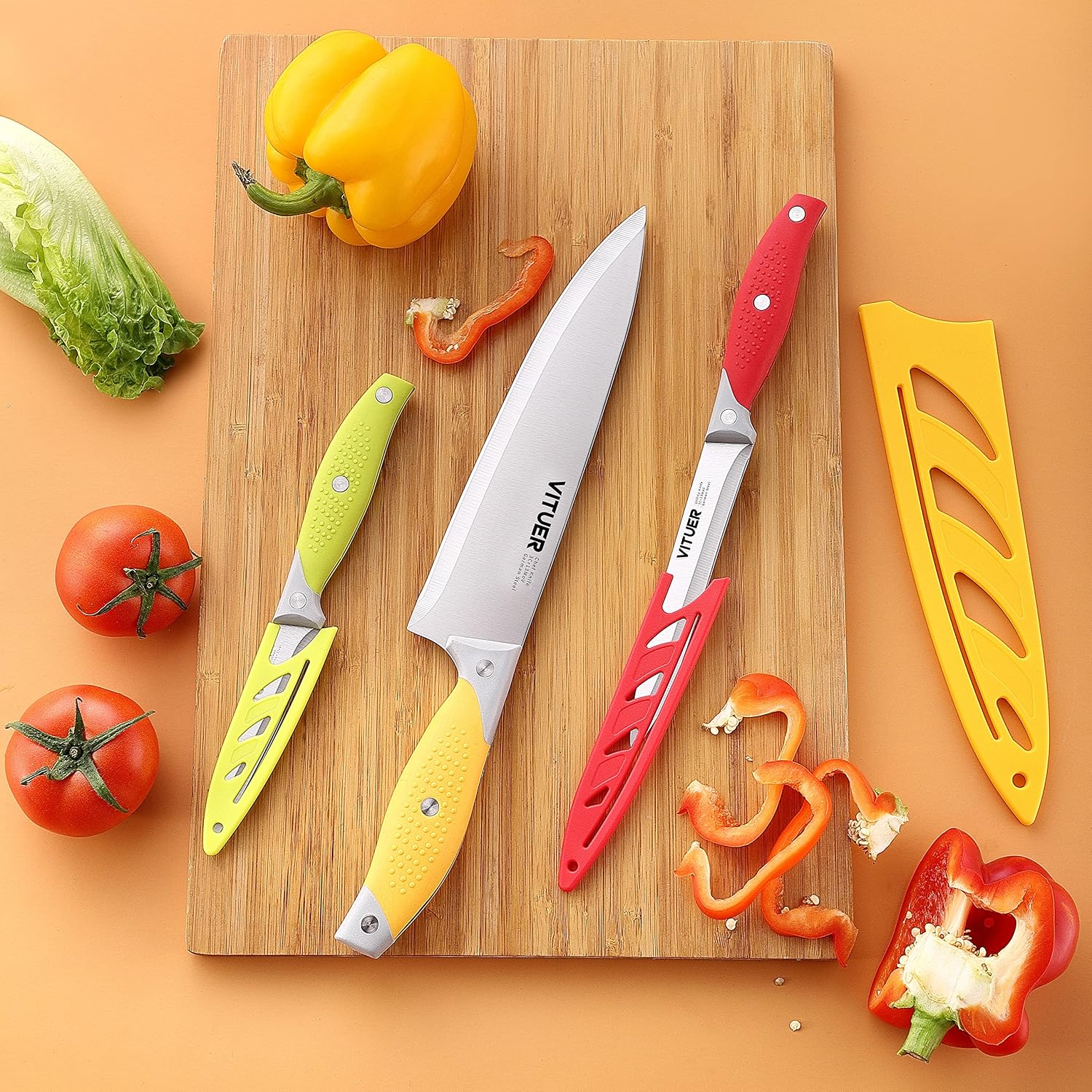 Vituer Chef Knife, 3Pcs Kitchen Knife, Multicolor Stainless Steel Sharp Chef Knife Set (3Pack, Yellow, Red, Green)