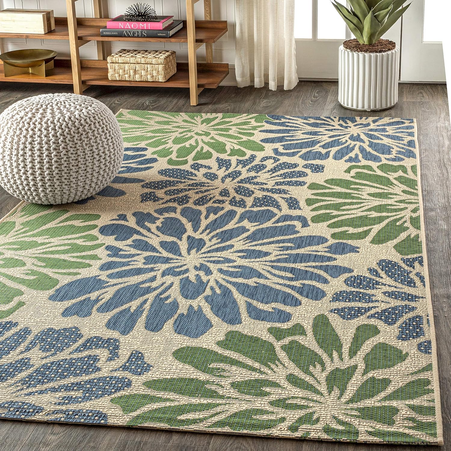 JONATHAN Y Floral Textured Weave Indoor Outdoor Area Rug 8X10 Navy/Green, Zinnia Modern for Backyard, Patio, Porch, Easy-Cleaning, High Traffic, Pet-Friendly, Non-Shedding (SMB110B-8)