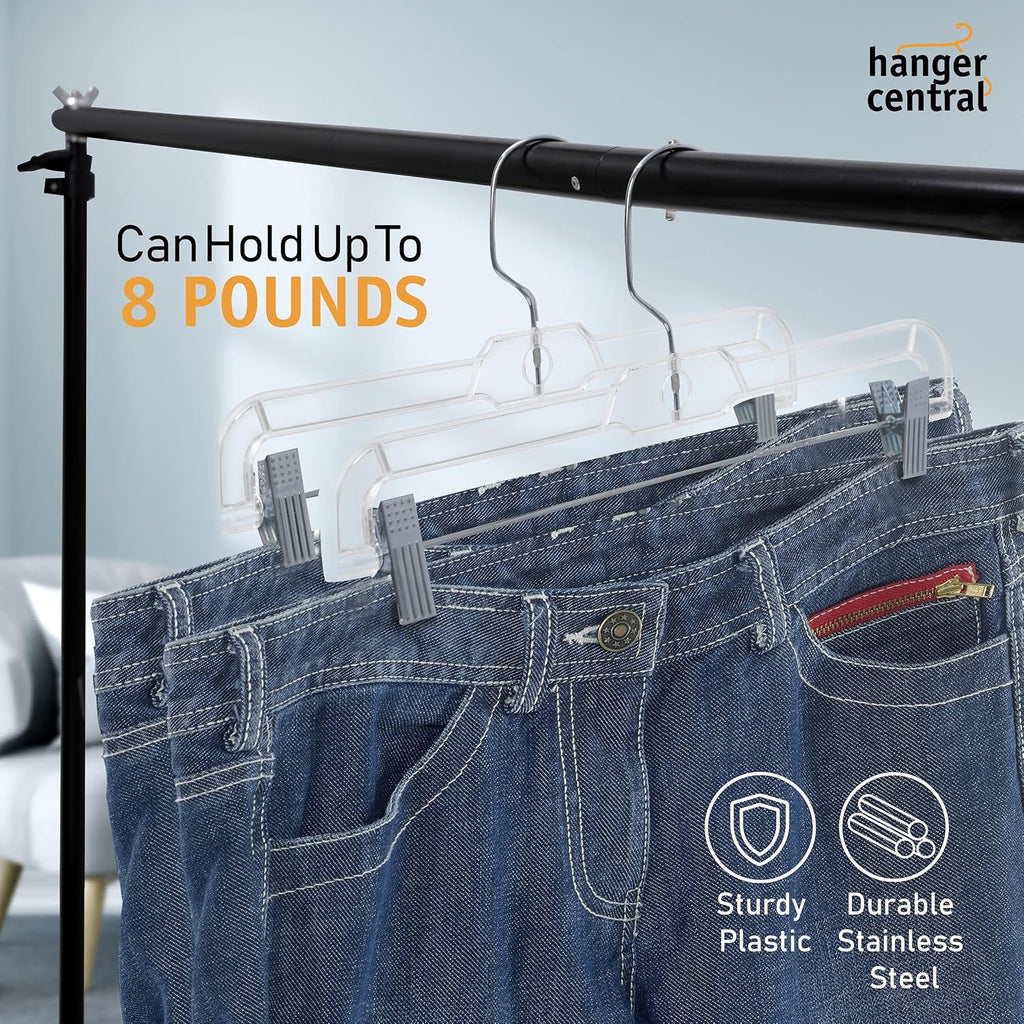 Premium 14 Inch Clear Pants Hangers With Adjustable Clips - 12 Pack Space-Saving Skirt Hangers - Non-Slip Heavy Duty Plastic Closet Organizers With 360° Swivel Hook