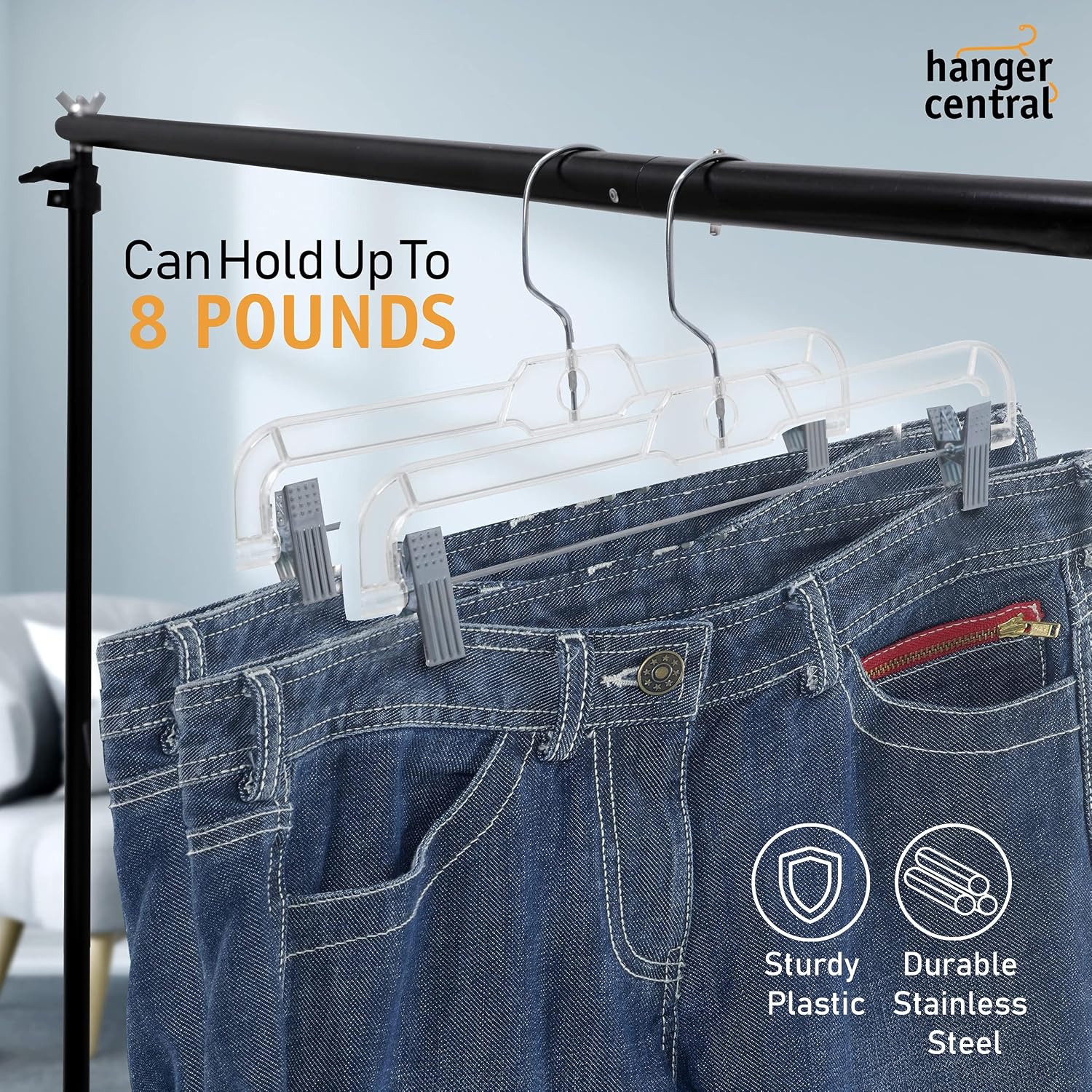 Premium 14 Inch Clear Pants Hangers With Adjustable Clips - 12 Pack Space-Saving Skirt Hangers - Non-Slip Heavy Duty Plastic Closet Organizers With 360° Swivel Hook
