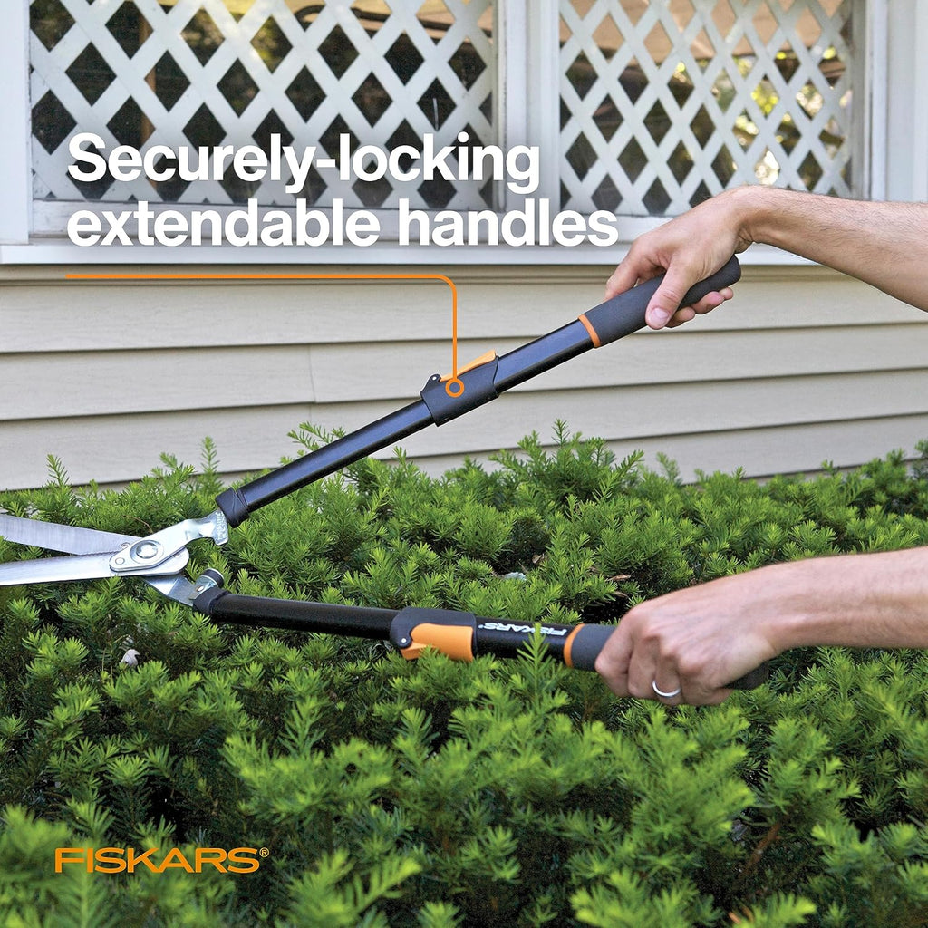 Fiskars Power-Lever Extendable Hedge Shears, Self-Sharpening Serrated Steel Blades For Clean Cuts, Handles Adjust 25"-33" For High Reach, Multiplies Leverage For 2X Power, 10" Blades, Orange/Black