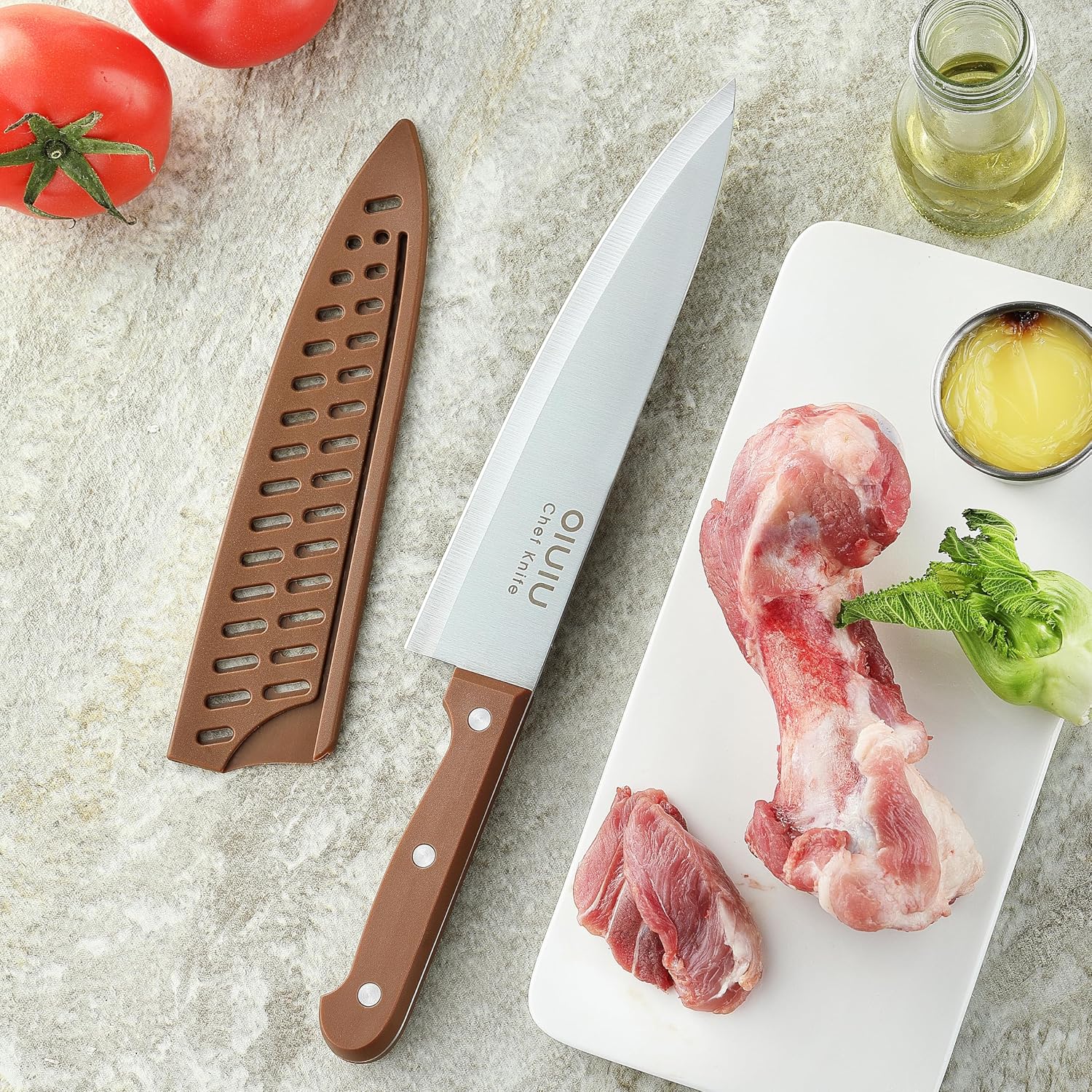 Olulu 8 Inch Chef Knife, Razor Sharp Kitchen Knife With Protective Knife Sheath, Razor Sharp Slicing Knife With Ergonomic Handle, German Stainless Steel, Dishwasher Safe (Brown Color)
