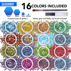 Body Glitter Set For Face & Hair – 16 Colors Fairy Tears Chunky Holographic Festival Glitter Makeup With Glue – Rave, Concert, Euphoria Looks, Cosmetic Grade Glitter