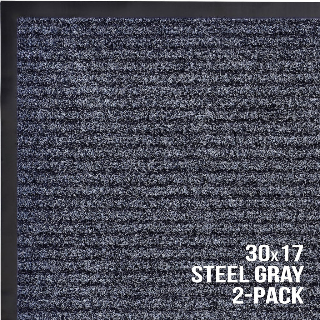 Front Door Mat, Indoor Outdoor Welcome Entryway Doormat, 30X17 Steel Gray | 2-Pack Low-Profile Muddy Doormats Trap Dirt, Mud & Moisture From Shoes & Pet Paws For Inside Outside Porch, Patio & Entryways