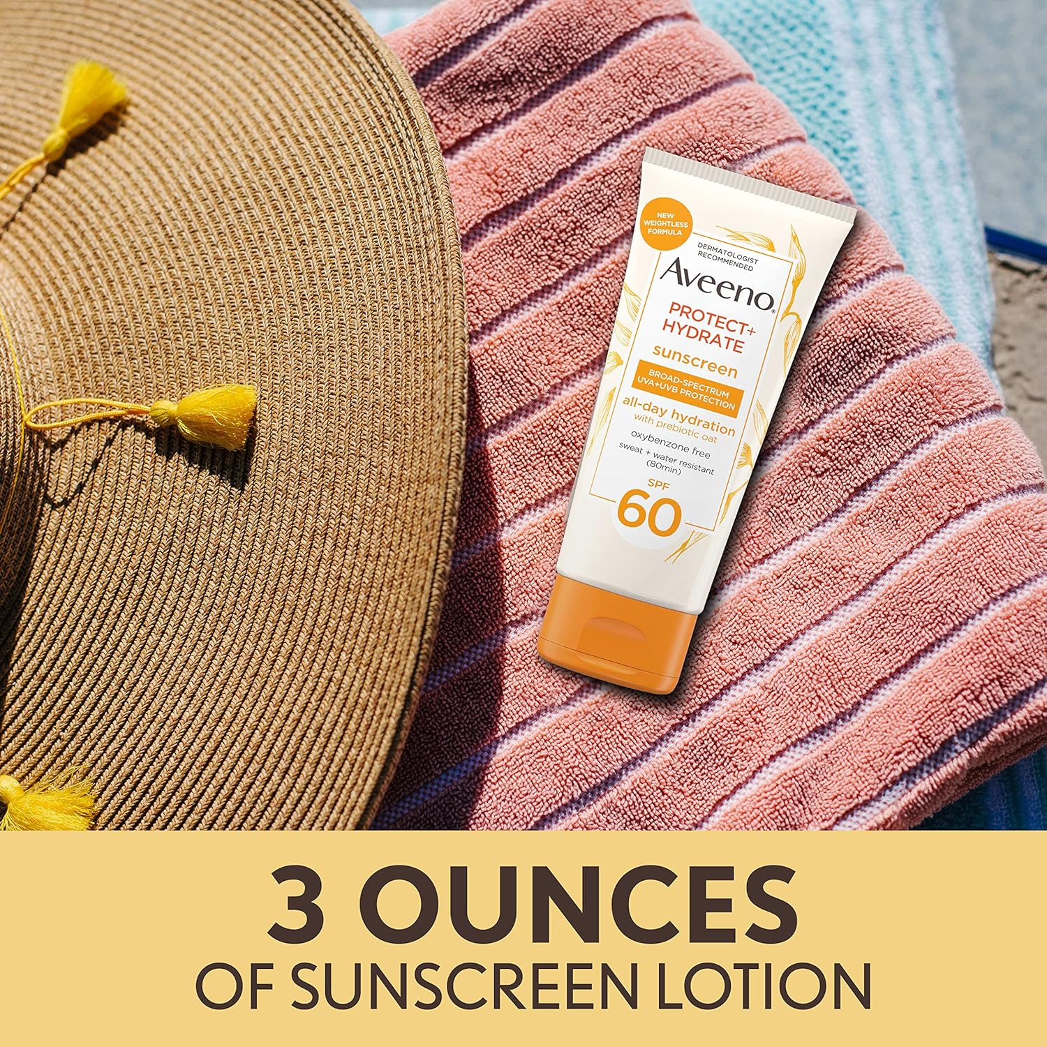 Aveeno Protect + Hydrate Moisturizing Body Sunscreen Lotion with Broad Spectrum SPF 60 & Prebiotic Oat, Weightless & Refreshing Feel, Paraben-Free, Oil-Free, Oxybenzone-Free, 3.0 fl. oz | Moisturizing, Body, Prebiotic Oat, Weightless, Refreshing Feel